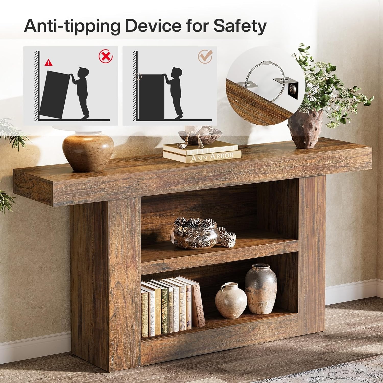 63" Console Table, 3-Tier Farmhouse Entryway Table with U-Shaped Base