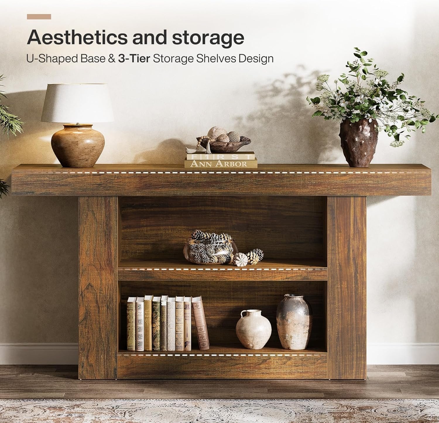 63" Console Table, 3-Tier Farmhouse Entryway Table with U-Shaped Base
