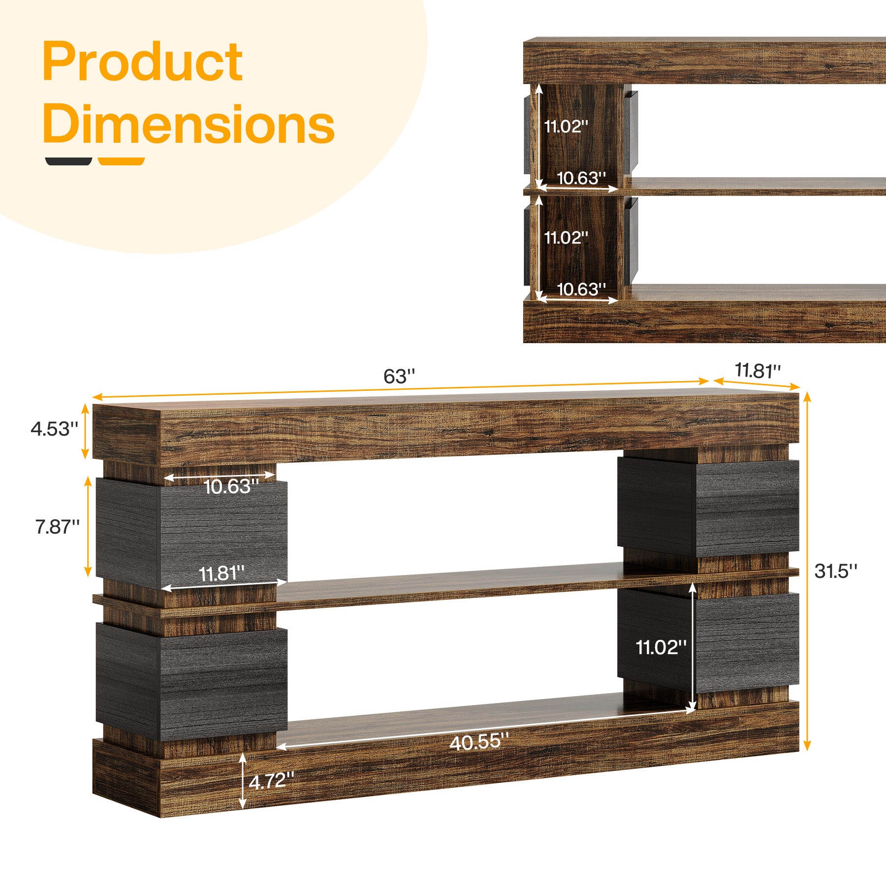 63" Console Table, 3-Tier Farmhouse Hallway Sofa Table