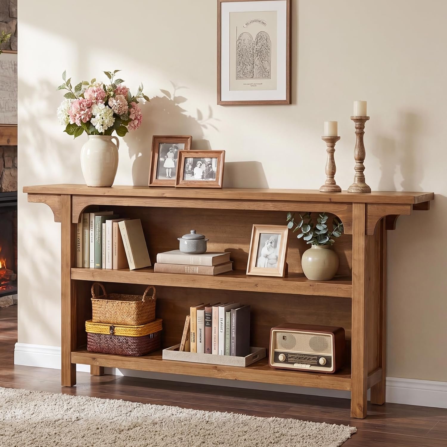 63" Console Table, 3-Tier Narrow Sofa Table with Storage Shelves for Hallway