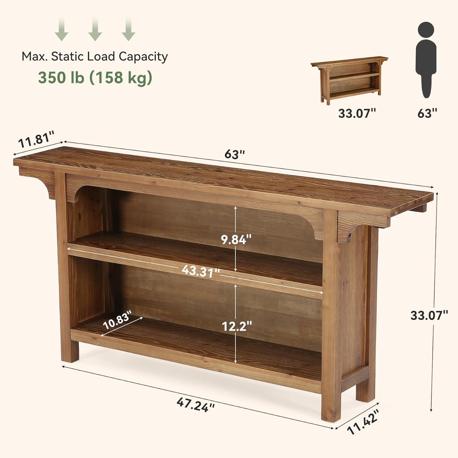 63" Console Table, 3-Tier Narrow Sofa Table with Storage Shelves for Hallway