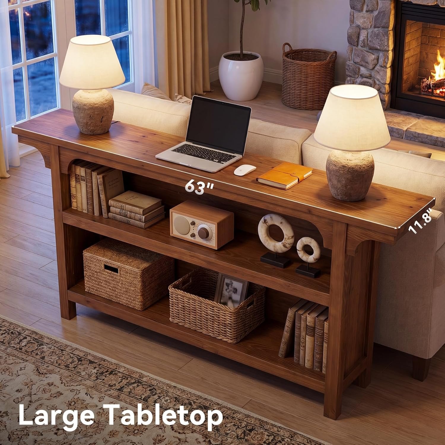 63" Console Table, 3-Tier Narrow Sofa Table with Storage Shelves for Hallway