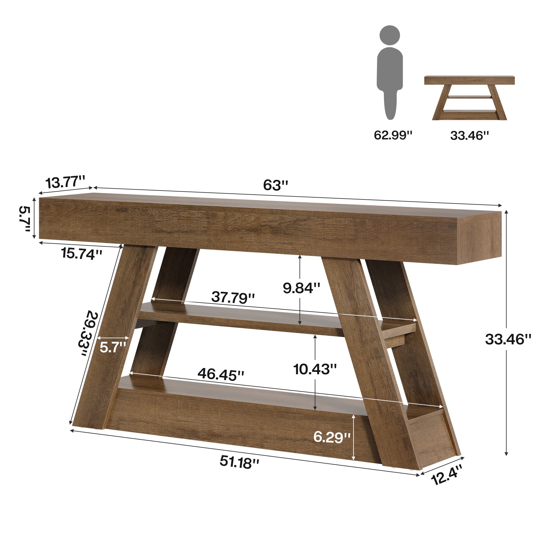63" Console Table, Entryway Sofa Table with Storage Shelves