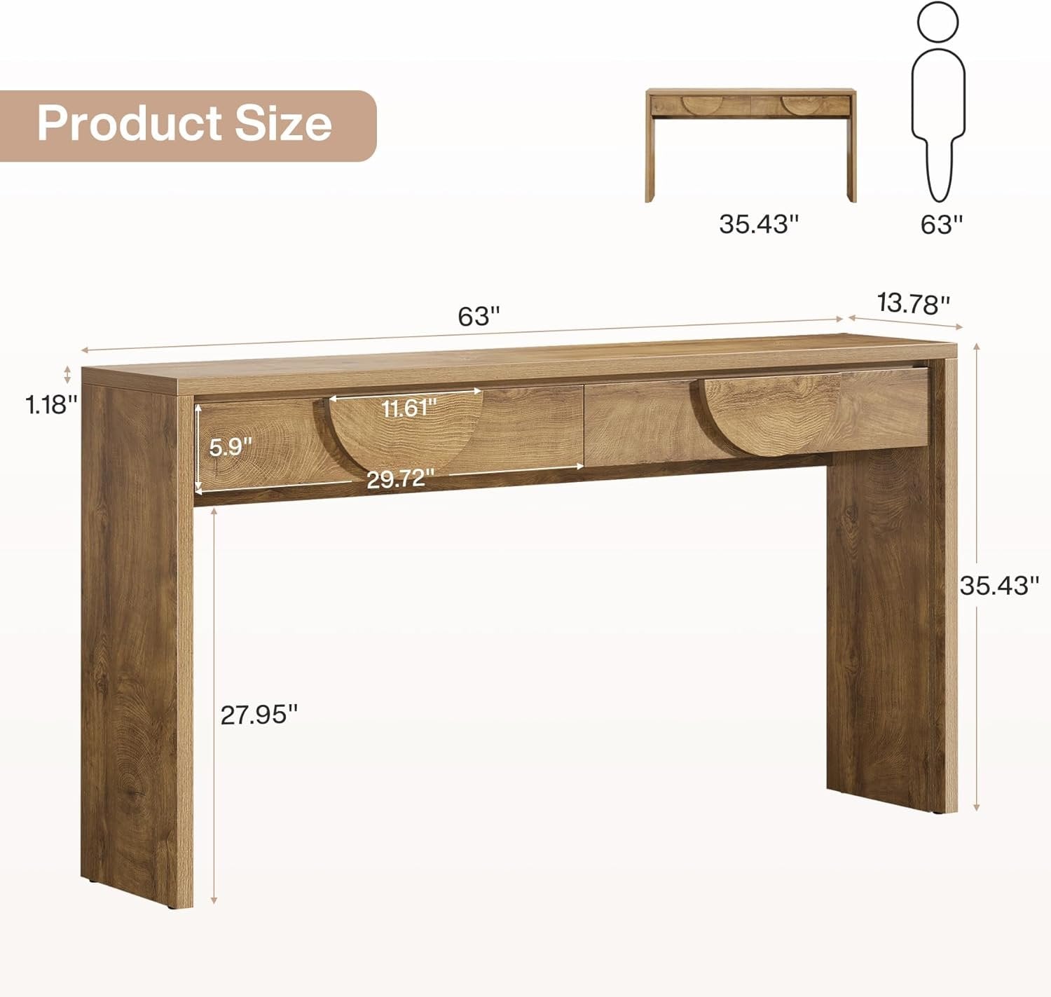 63" Console Table, Farmhouse Entryway Table Sofa Console with 2 Drawers