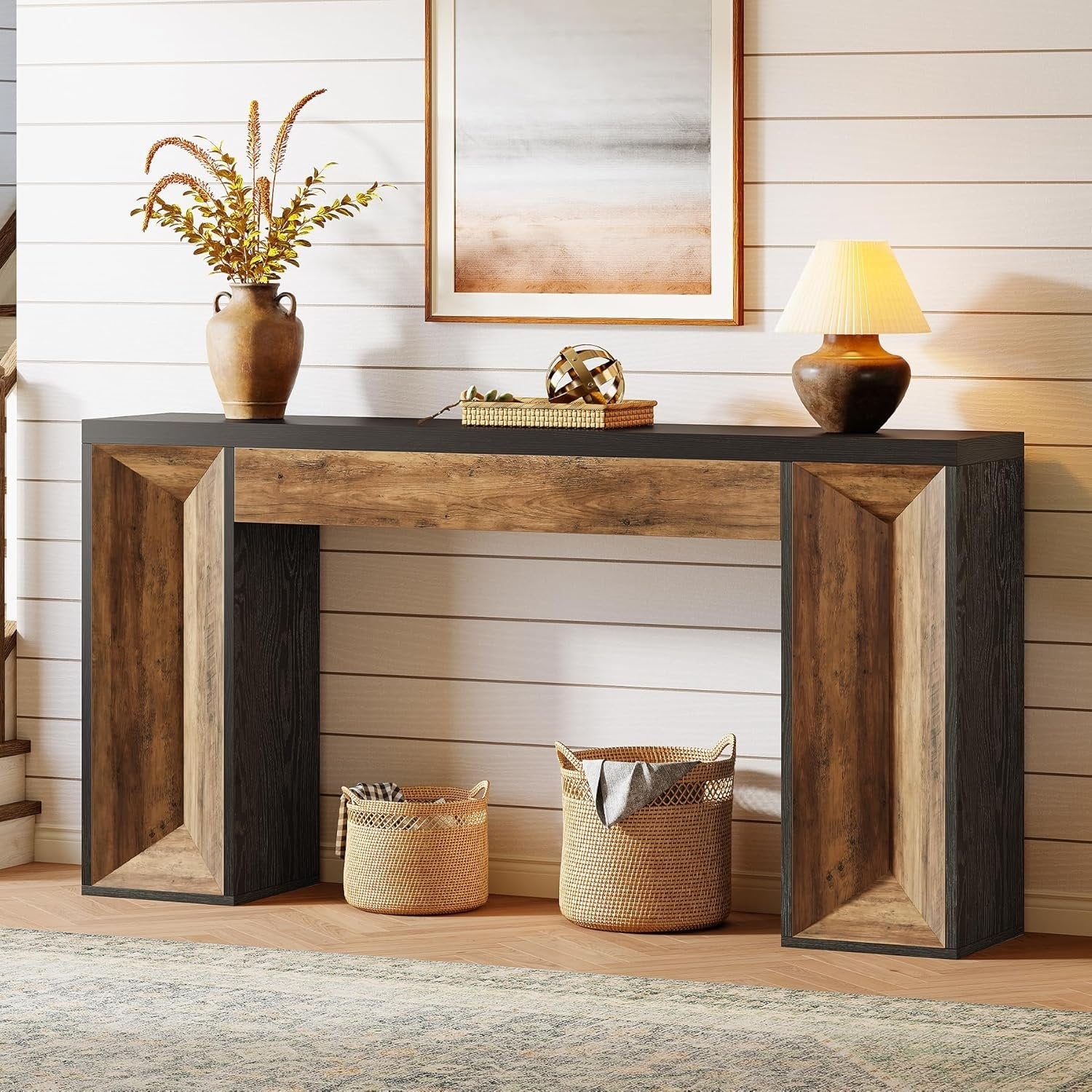 63" Console Table, Farmhouse Entryway Table Sofa Table with Dual-Tone Design