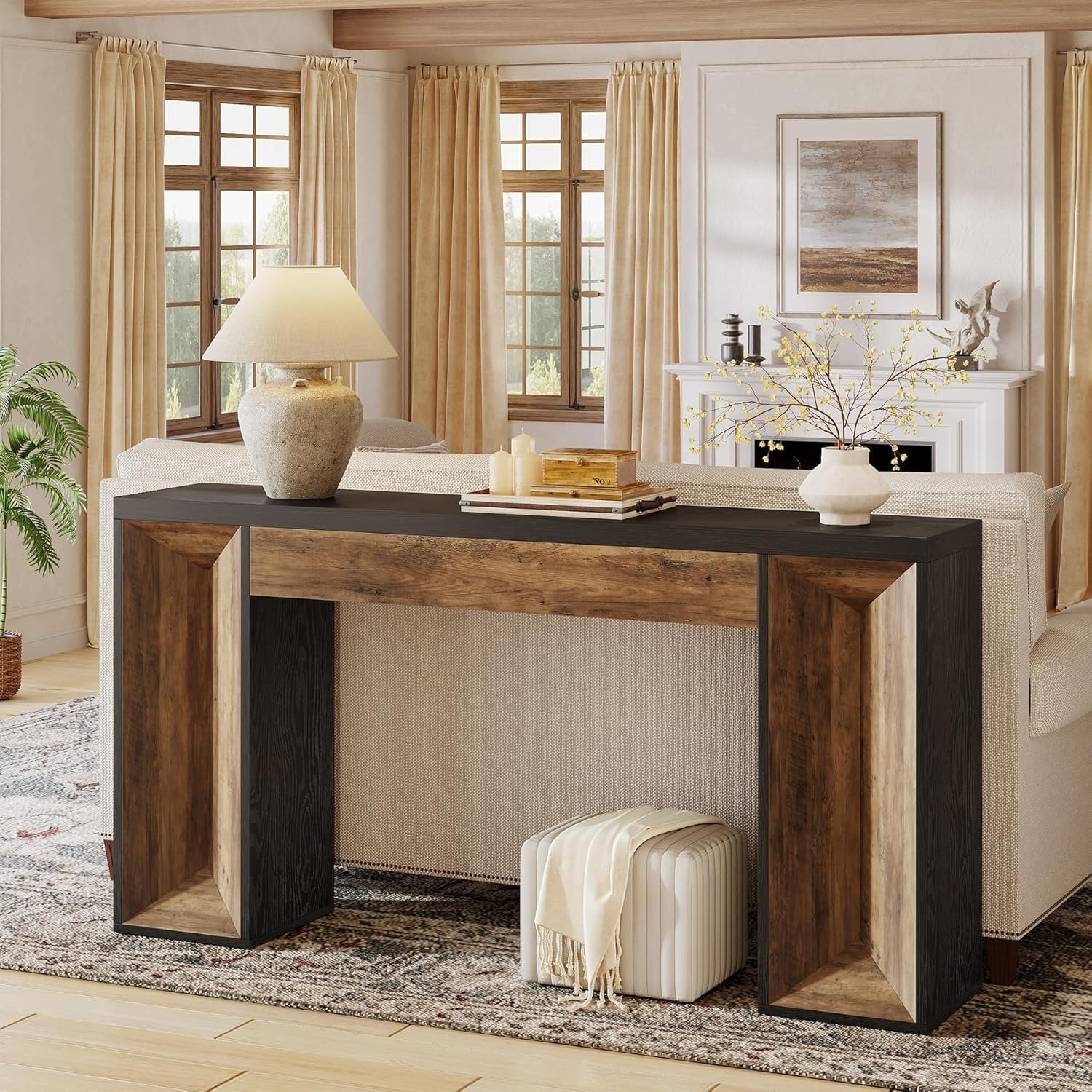 63" Console Table, Farmhouse Entryway Table Sofa Table with Dual-Tone Design