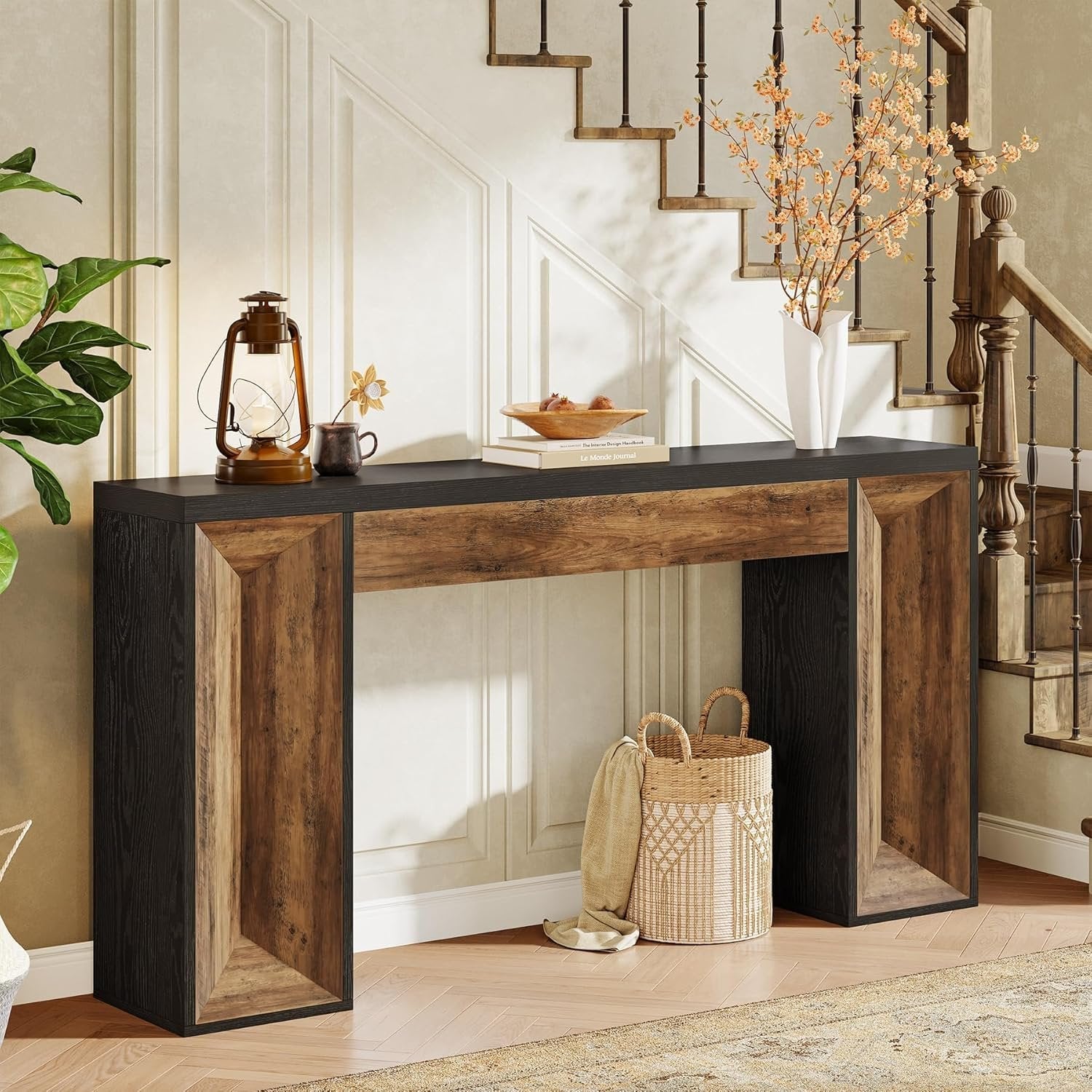 63" Console Table, Farmhouse Entryway Table Sofa Table with Dual-Tone Design