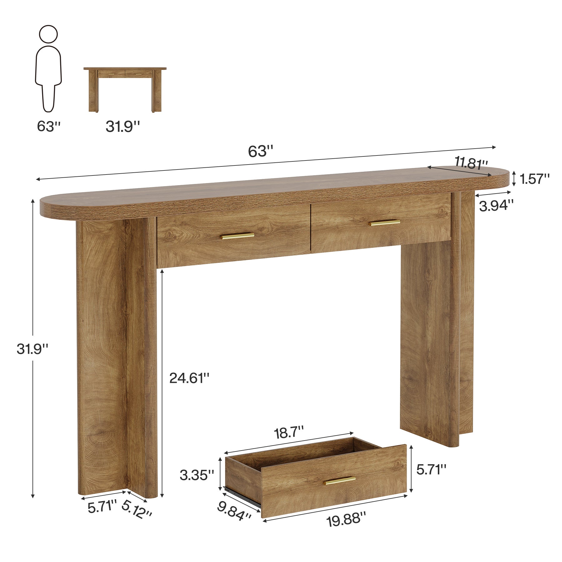 63" Console Table, Farmhouse Oval Curved Entryway Table with 2 Drawers