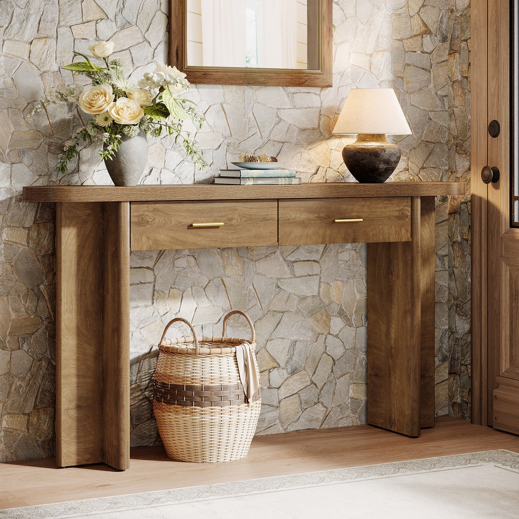63" Console Table, Farmhouse Oval Curved Entryway Table with 2 Drawers