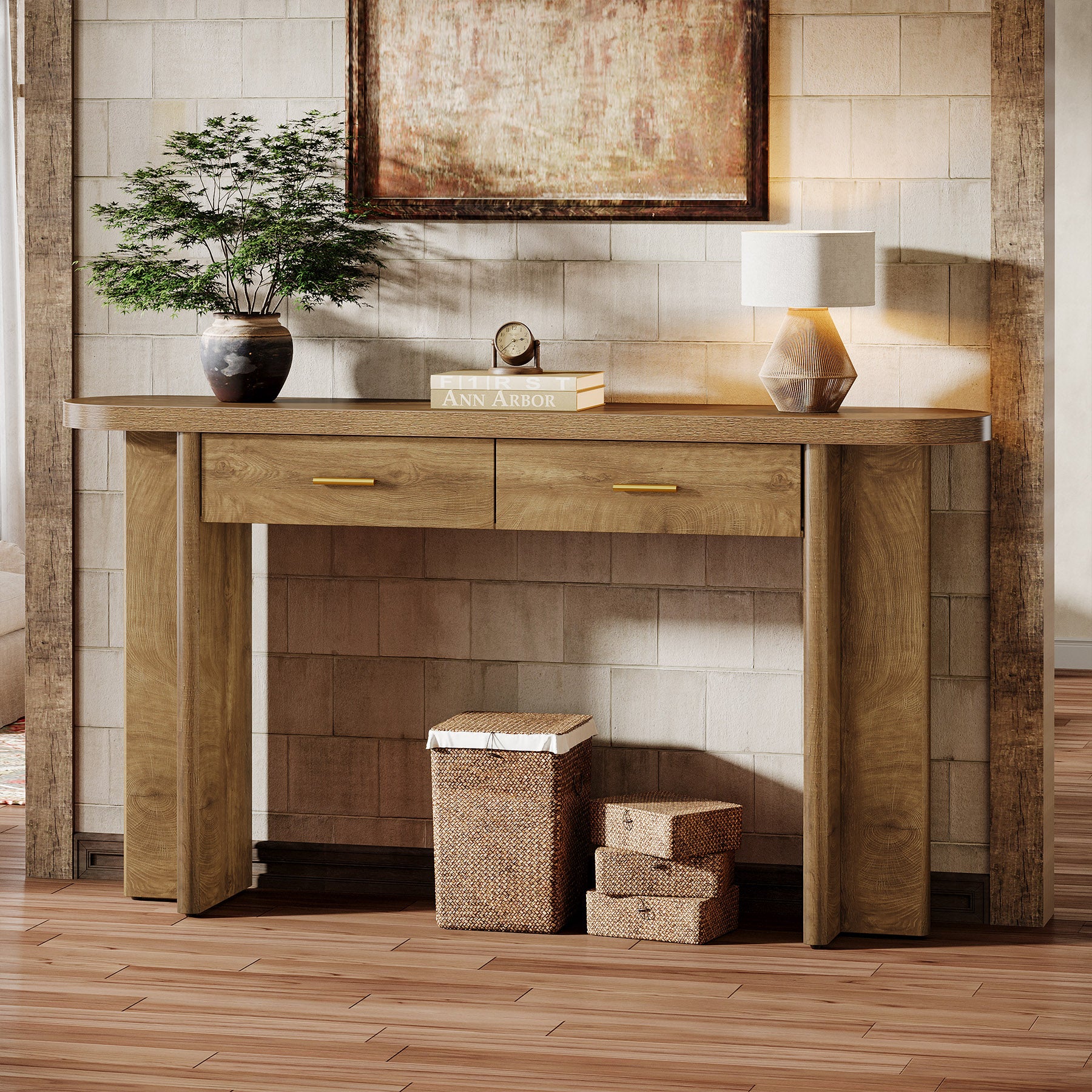 63" Console Table, Farmhouse Oval Curved Entryway Table with 2 Drawers