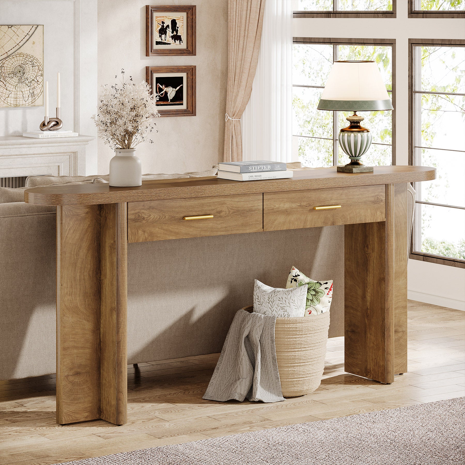 63" Console Table, Farmhouse Oval Curved Entryway Table with 2 Drawers