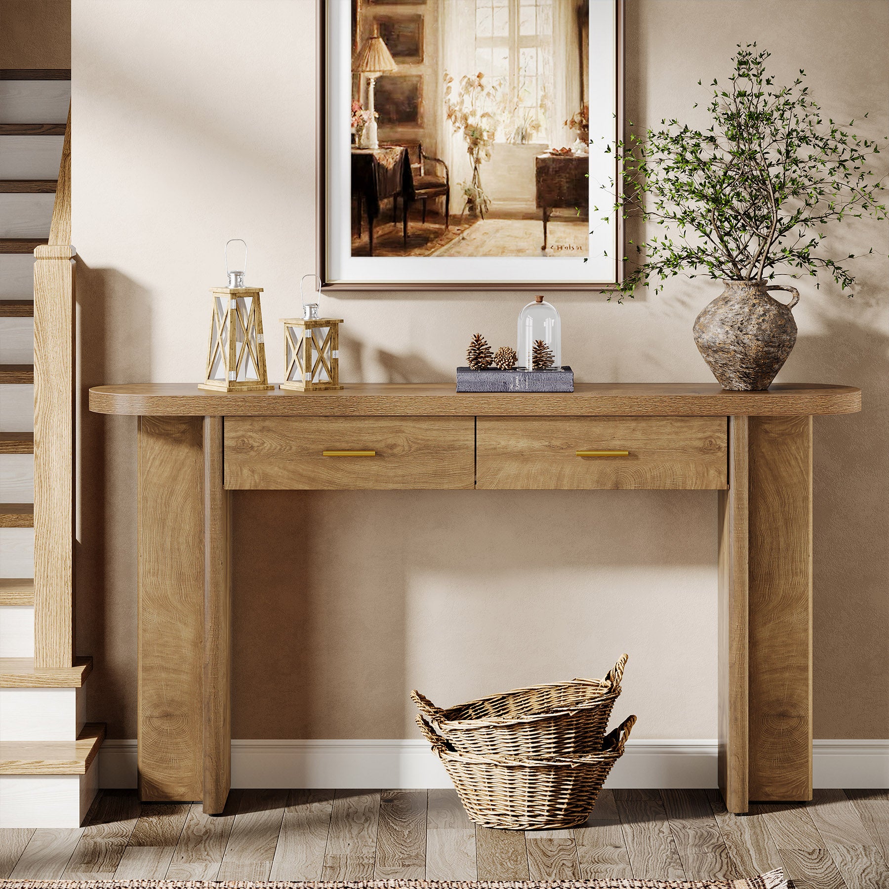 63" Console Table, Farmhouse Oval Curved Entryway Table with 2 Drawers