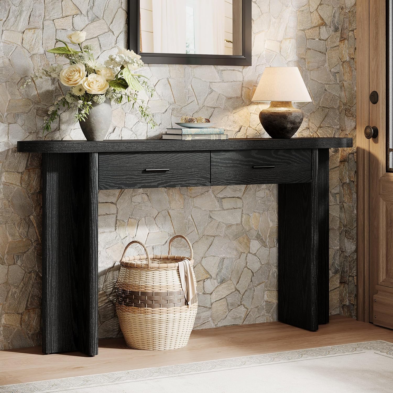 63" Console Table, Farmhouse Oval Curved Entryway Table with 2 Drawers