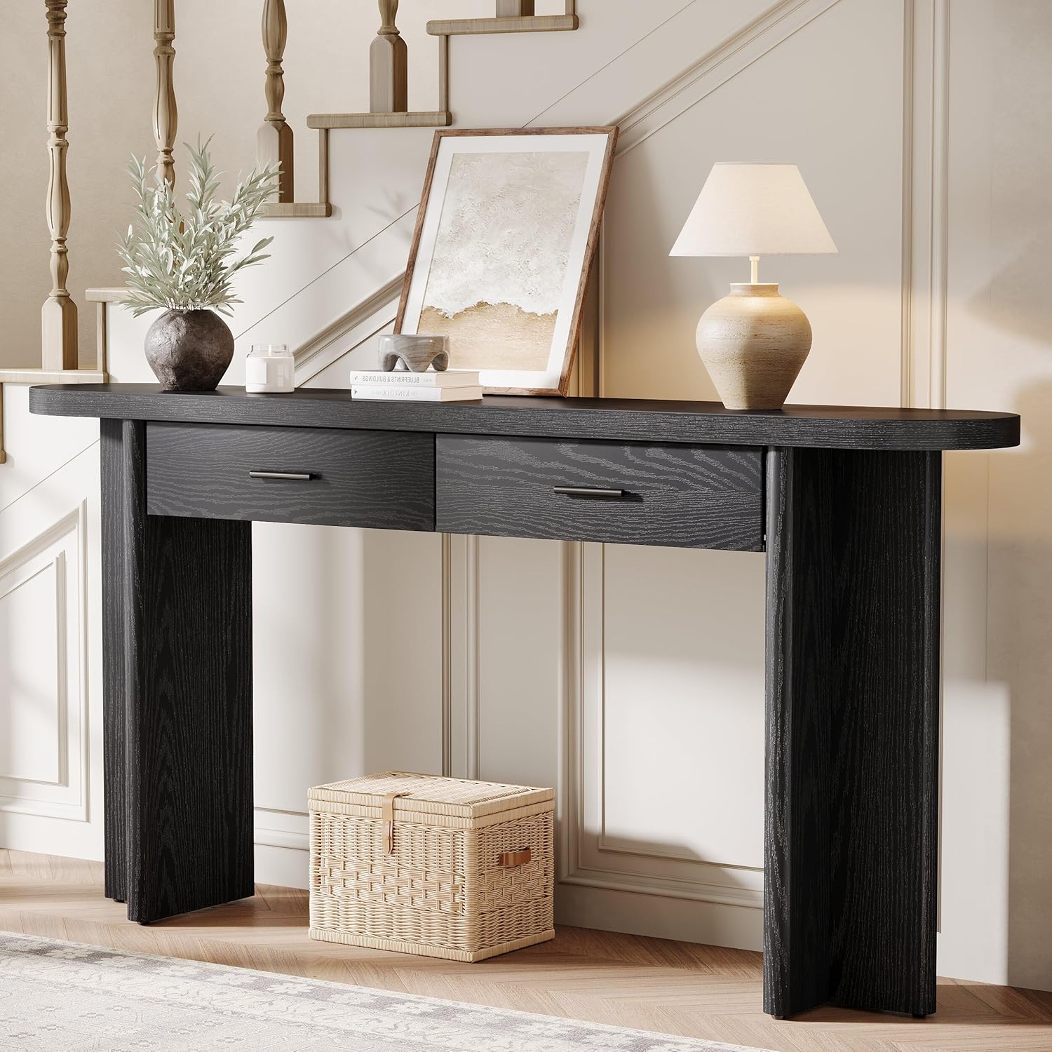 63" Console Table, Farmhouse Oval Curved Entryway Table with 2 Drawers
