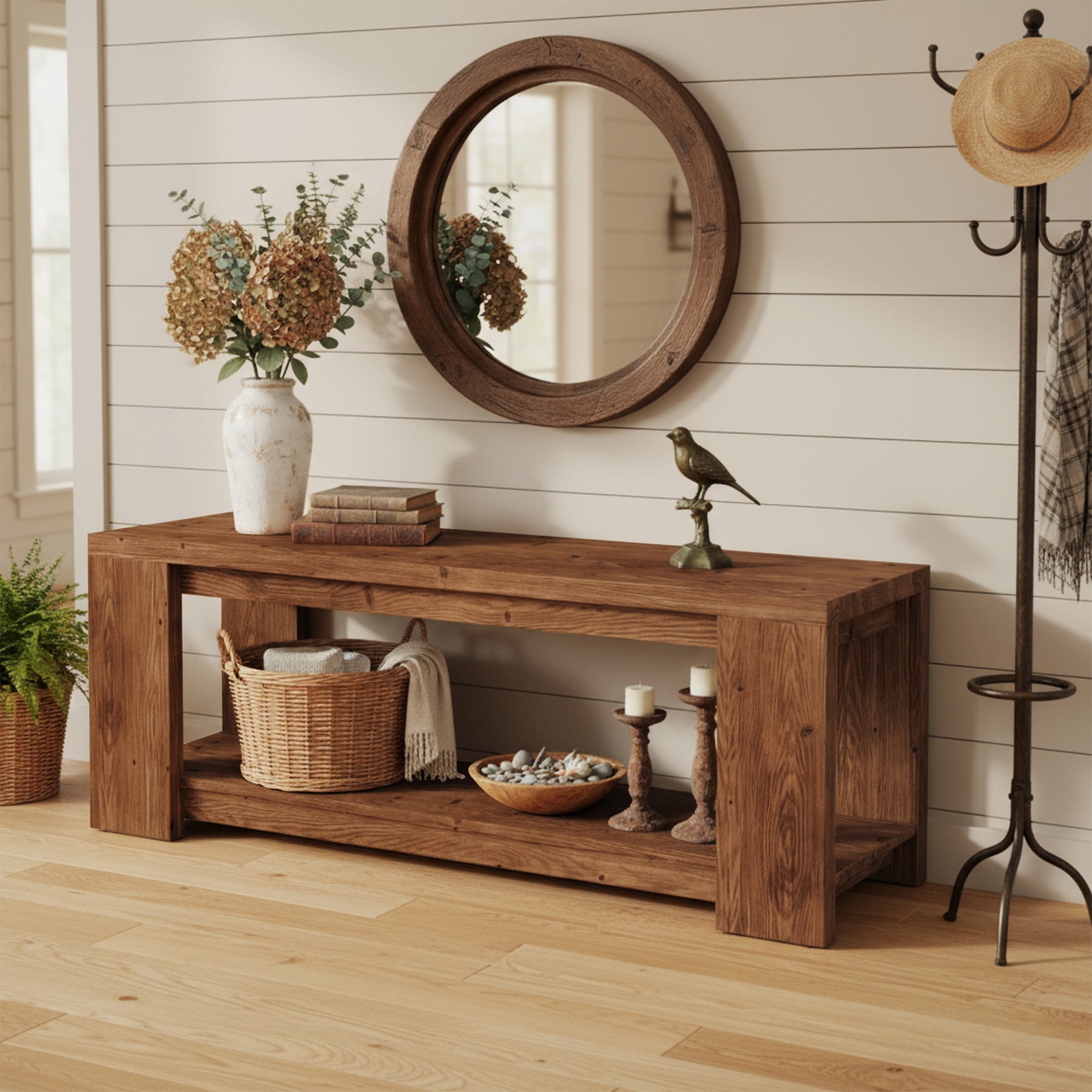63" Console Table, Farmhouse Wood 2-Tier Entryway Tables for Entrance