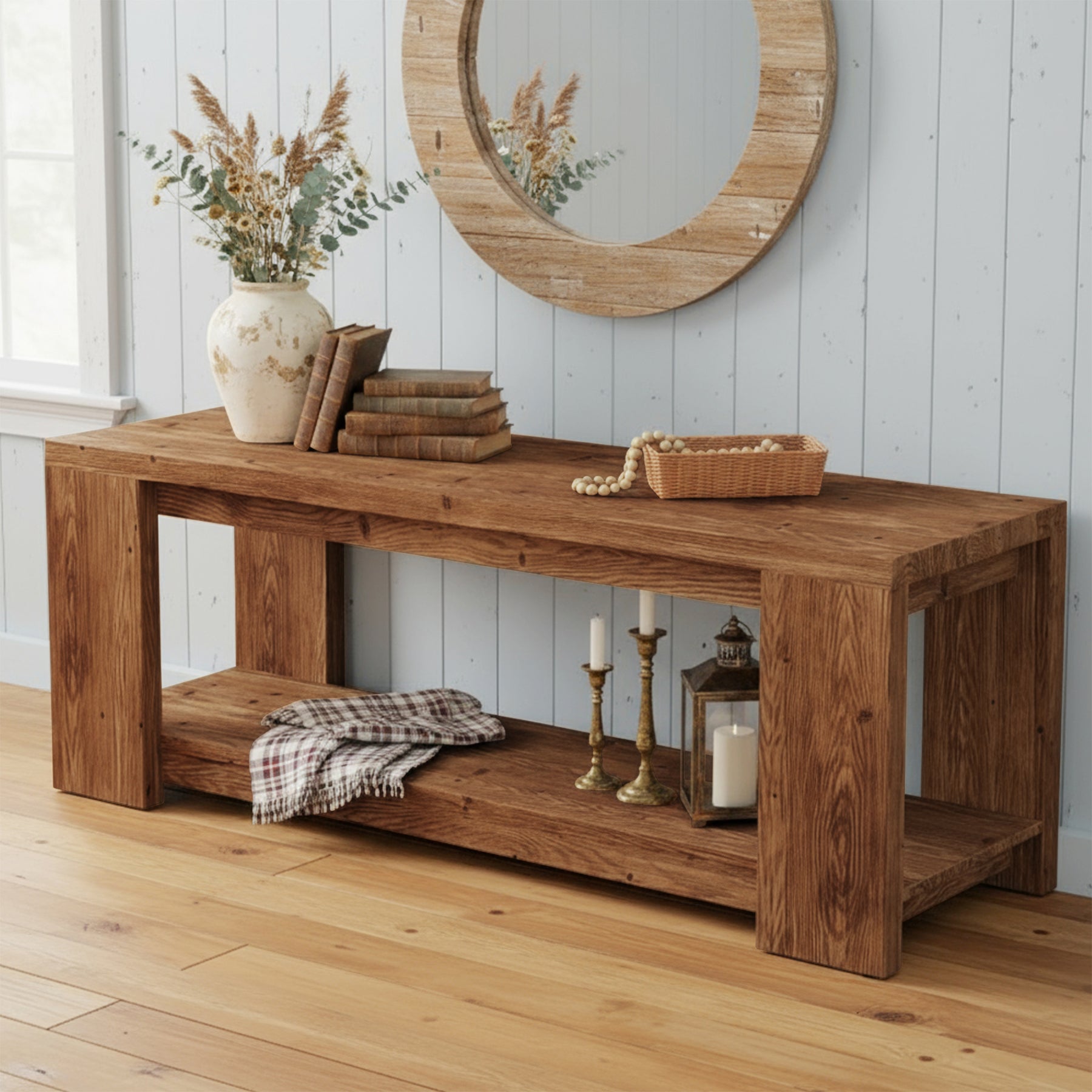 63" Console Table, Farmhouse Wood 2-Tier Entryway Tables for Entrance
