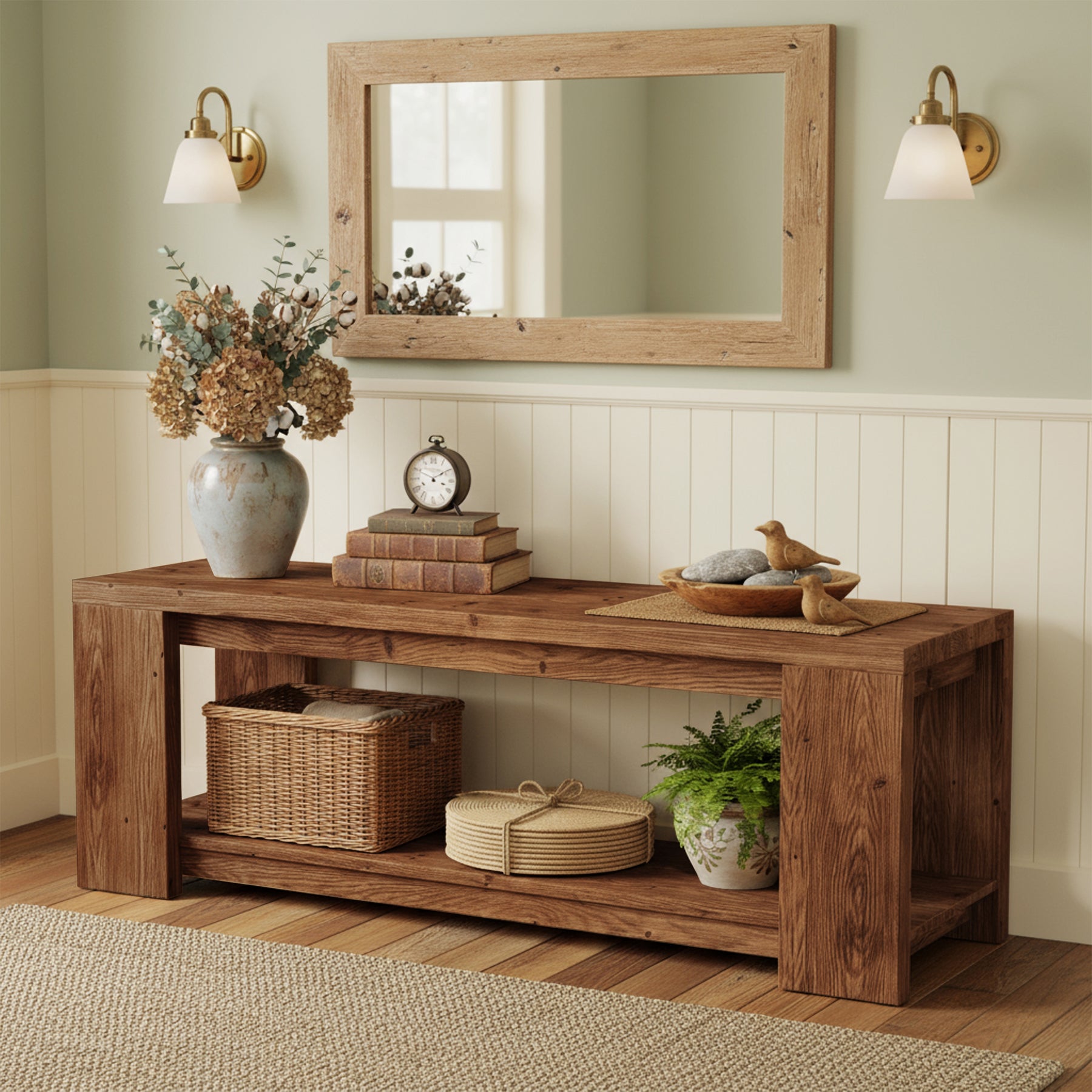 63" Console Table, Farmhouse Wood 2-Tier Entryway Tables for Entrance