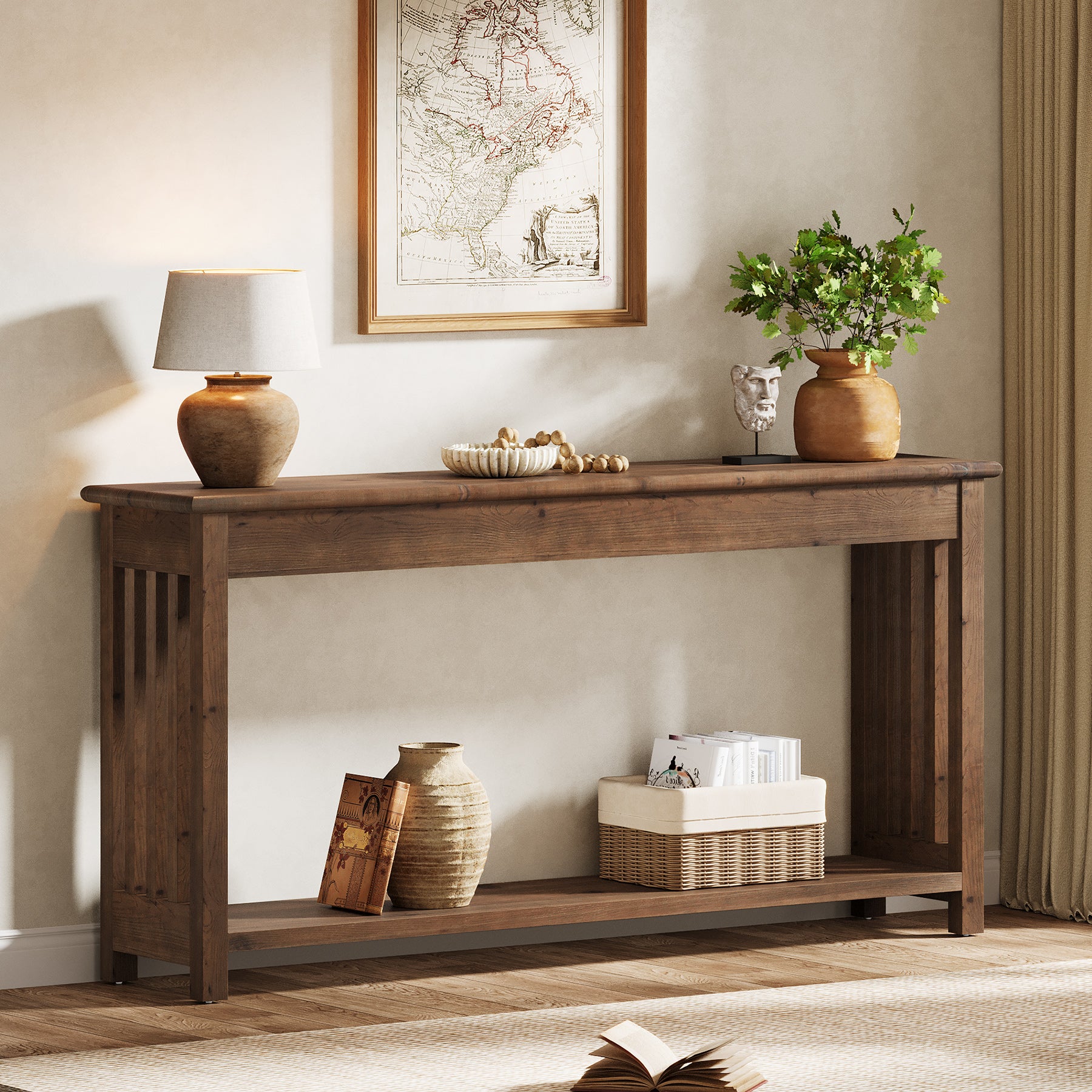 63" Console Table, Farmhouse Wood Entryway Sofa Table with 2-Tier Storage
