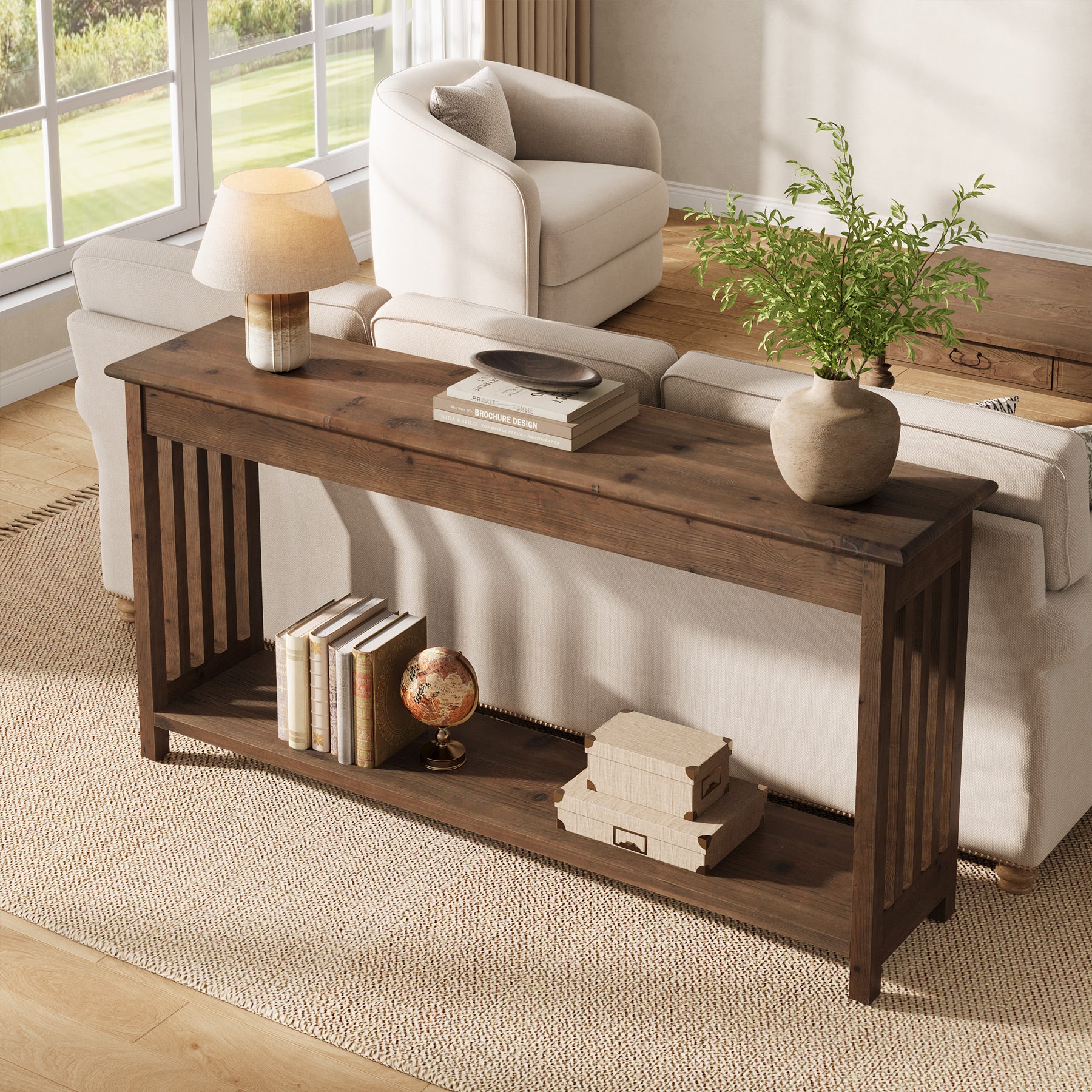 63" Console Table, Farmhouse Wood Entryway Sofa Table with 2-Tier Storage