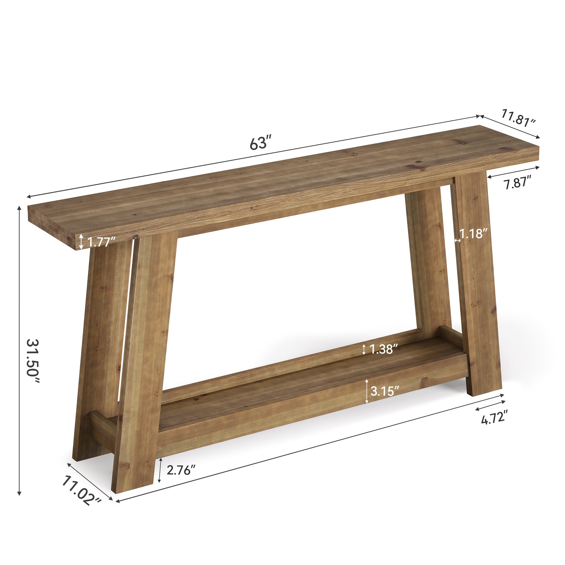 63" Console Table, Farmhouse Wood Sofa Entryway Table with 2-Tier Shelf