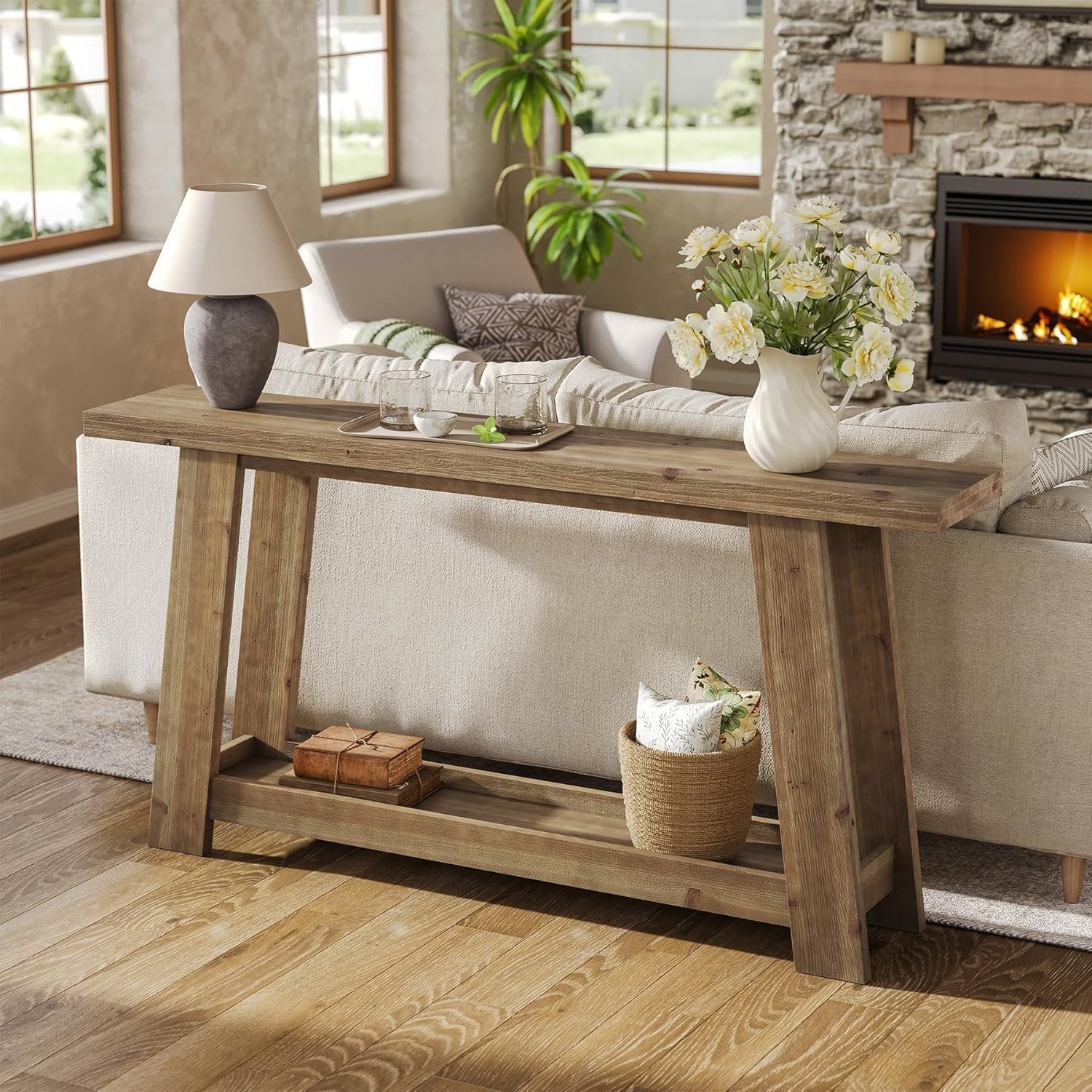 63" Console Table, Farmhouse Wood Sofa Entryway Table with 2-Tier Shelf