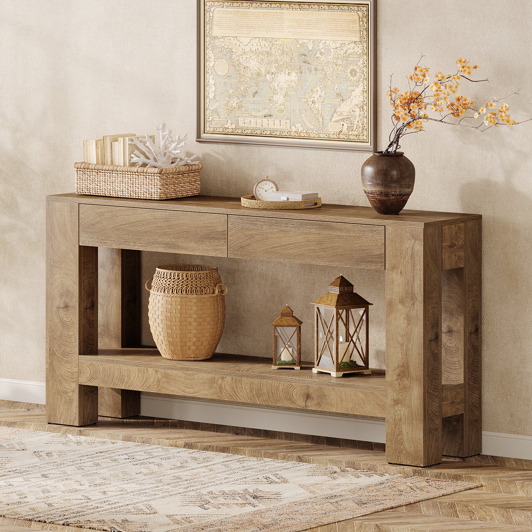 63" Console Table, Farmhouse Wooden Sofa Entryway Table with 2 Drawers