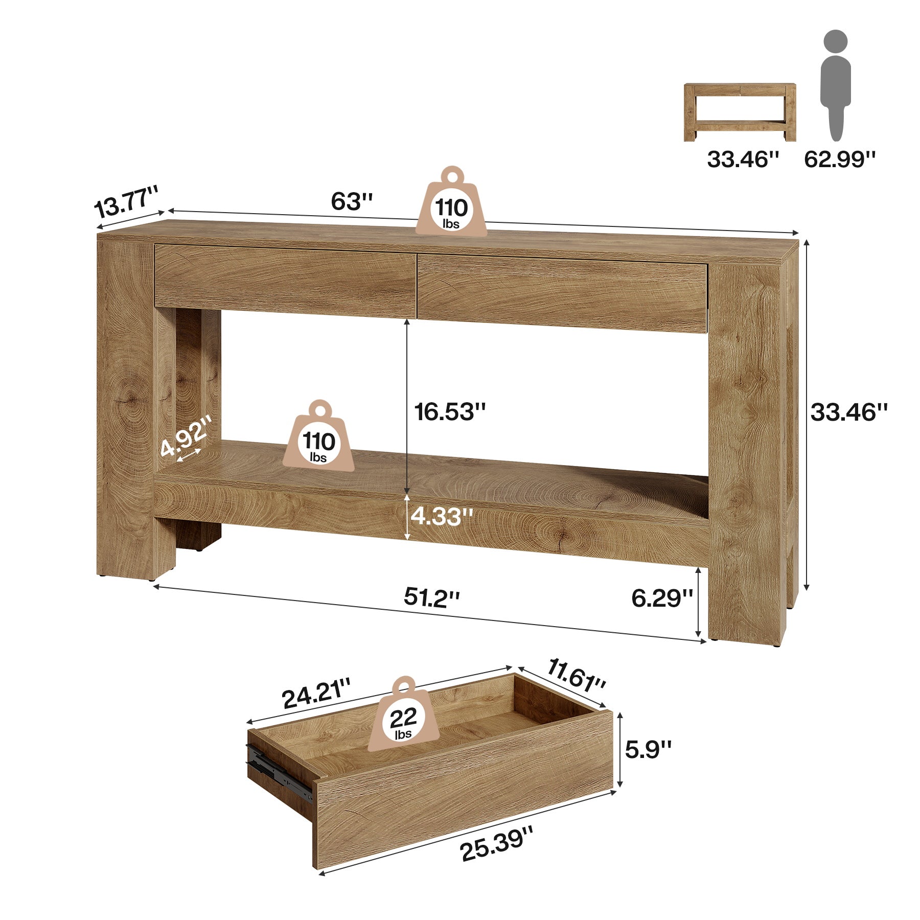 63" Console Table, Farmhouse Wooden Sofa Entryway Table with 2 Drawers