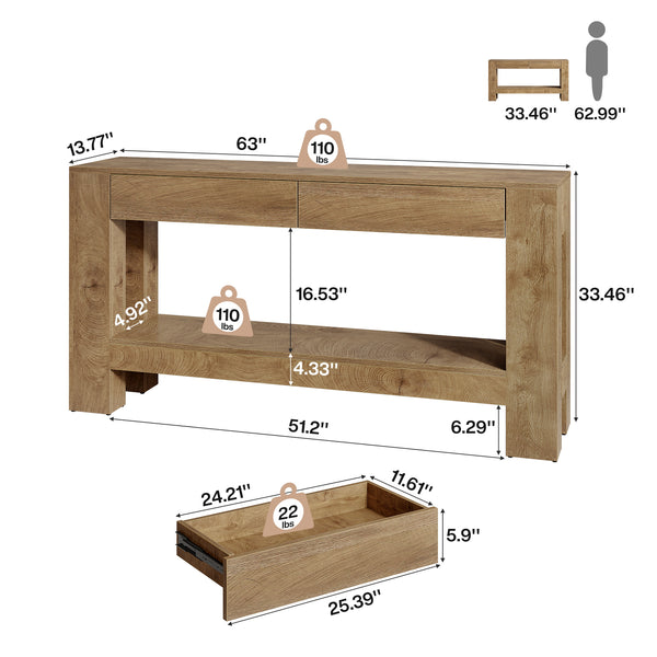 63" Console Table, Farmhouse Wooden Sofa Entryway Table with 2 Drawers ...