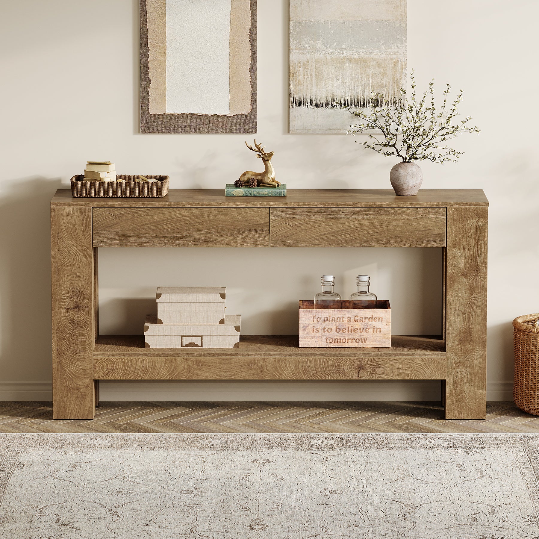 63" Console Table, Farmhouse Wooden Sofa Entryway Table with 2 Drawers