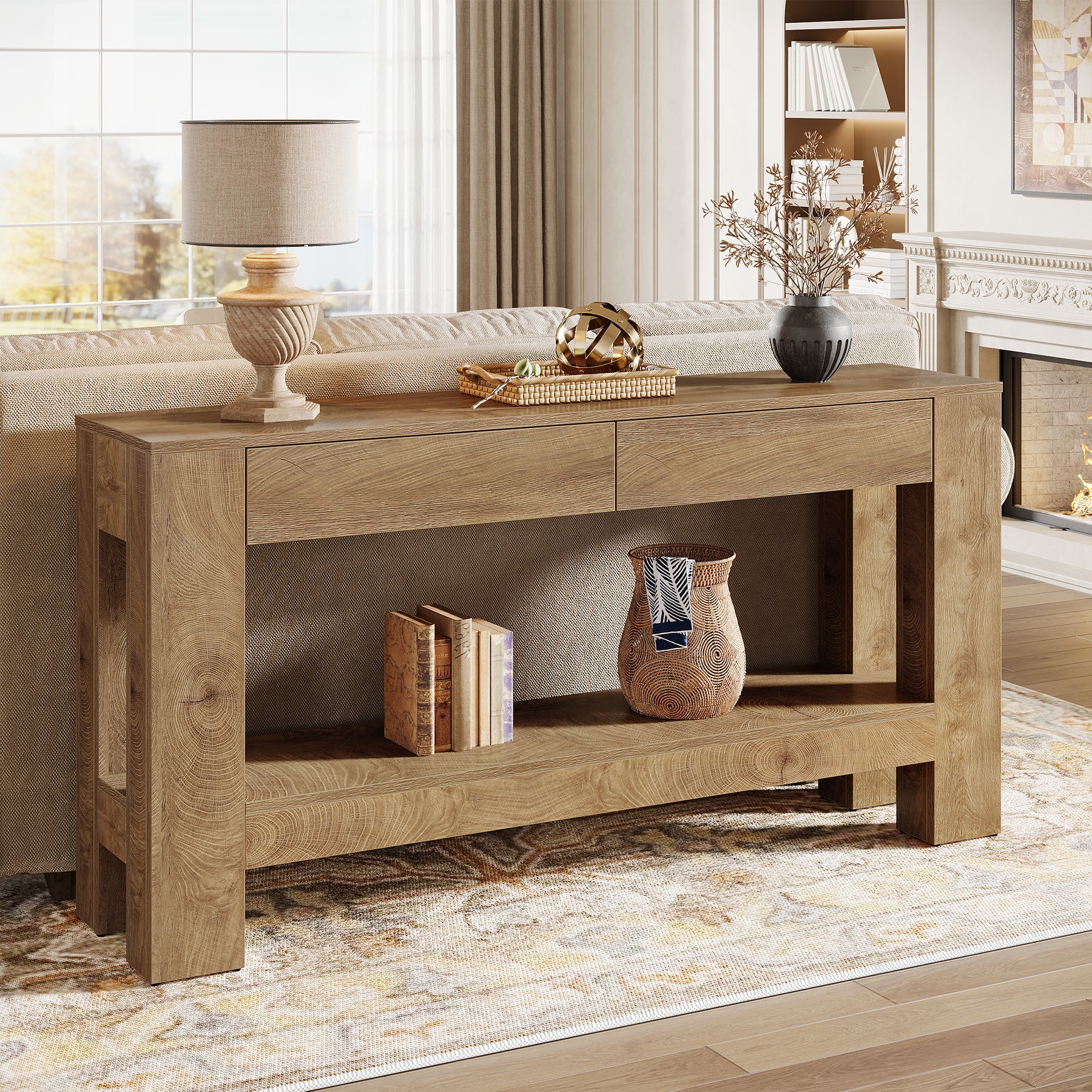 63" Console Table, Farmhouse Wooden Sofa Entryway Table with 2 Drawers
