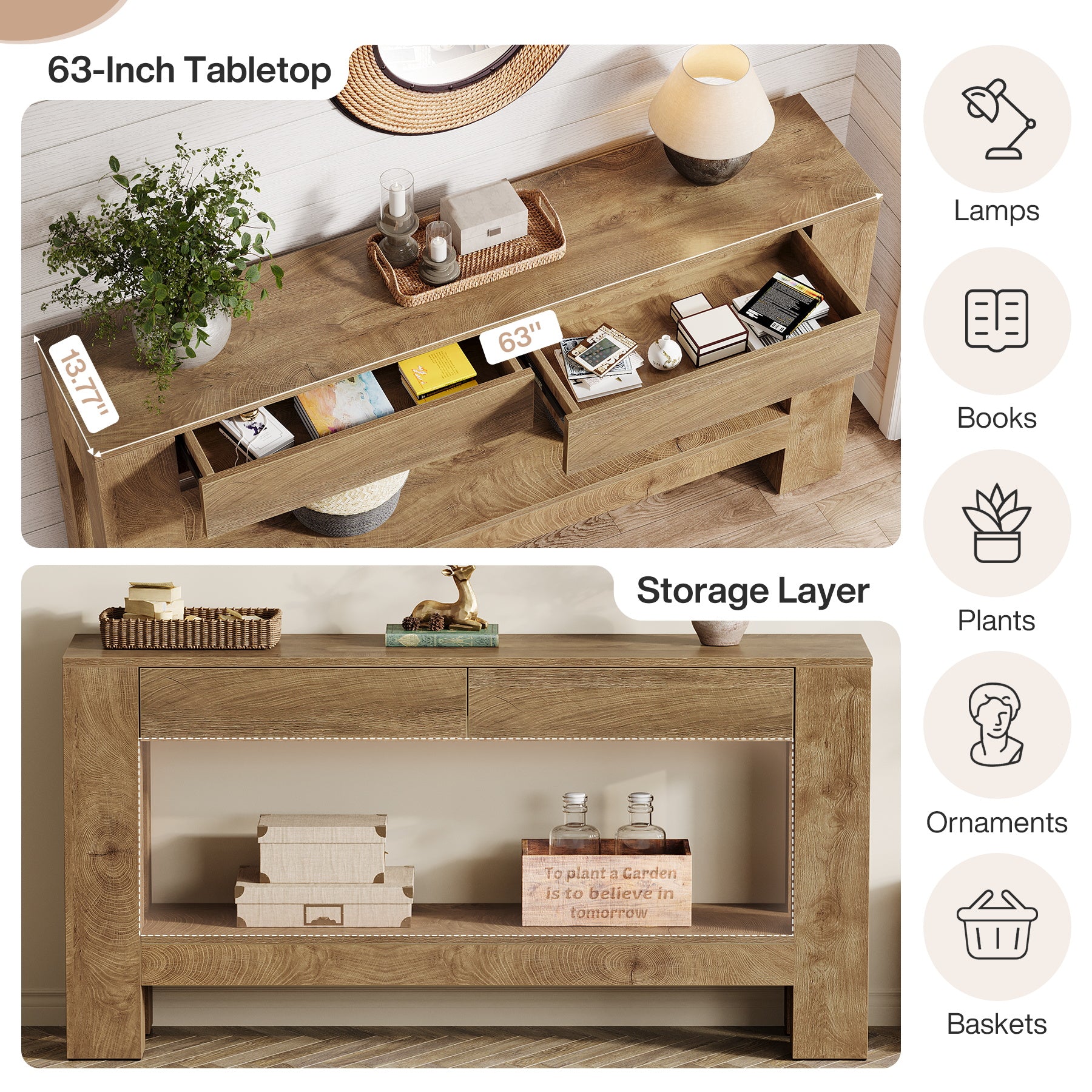 63" Console Table, Farmhouse Wooden Sofa Entryway Table with 2 Drawers