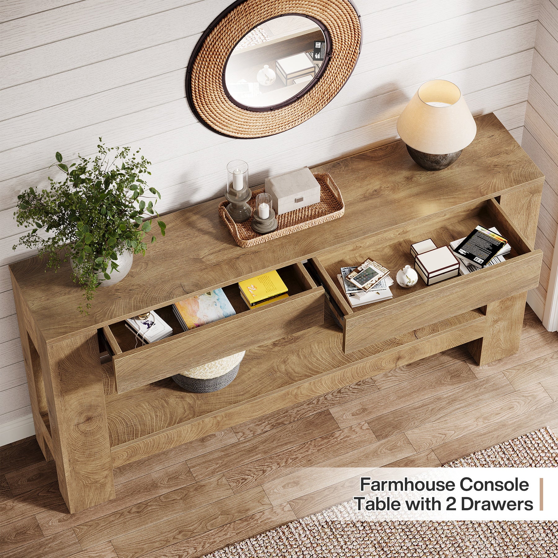 63" Console Table, Farmhouse Wooden Sofa Entryway Table with 2 Drawers