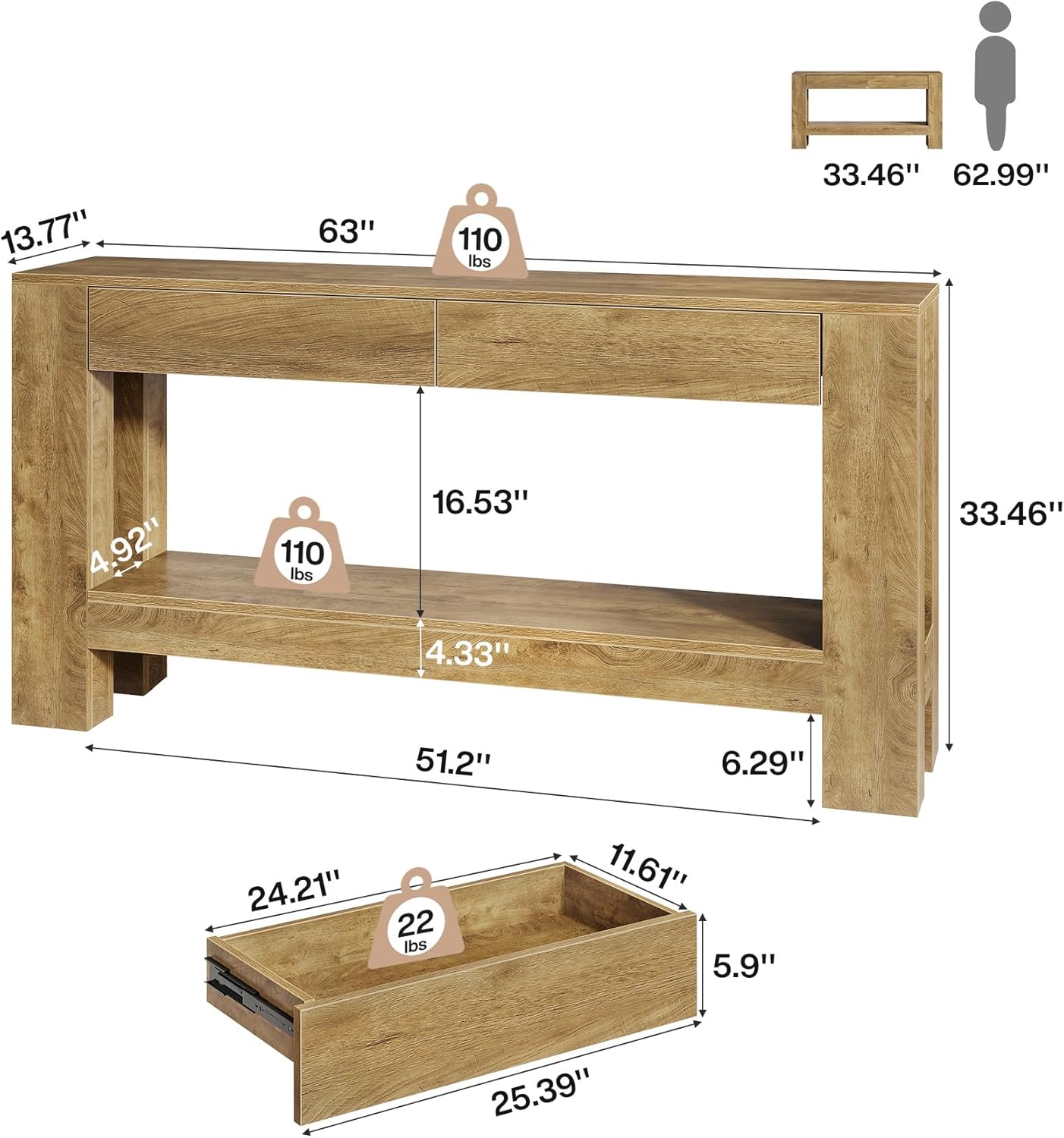 63" Console Table, Farmhouse Wooden Sofa Entryway Table with 2 Drawers