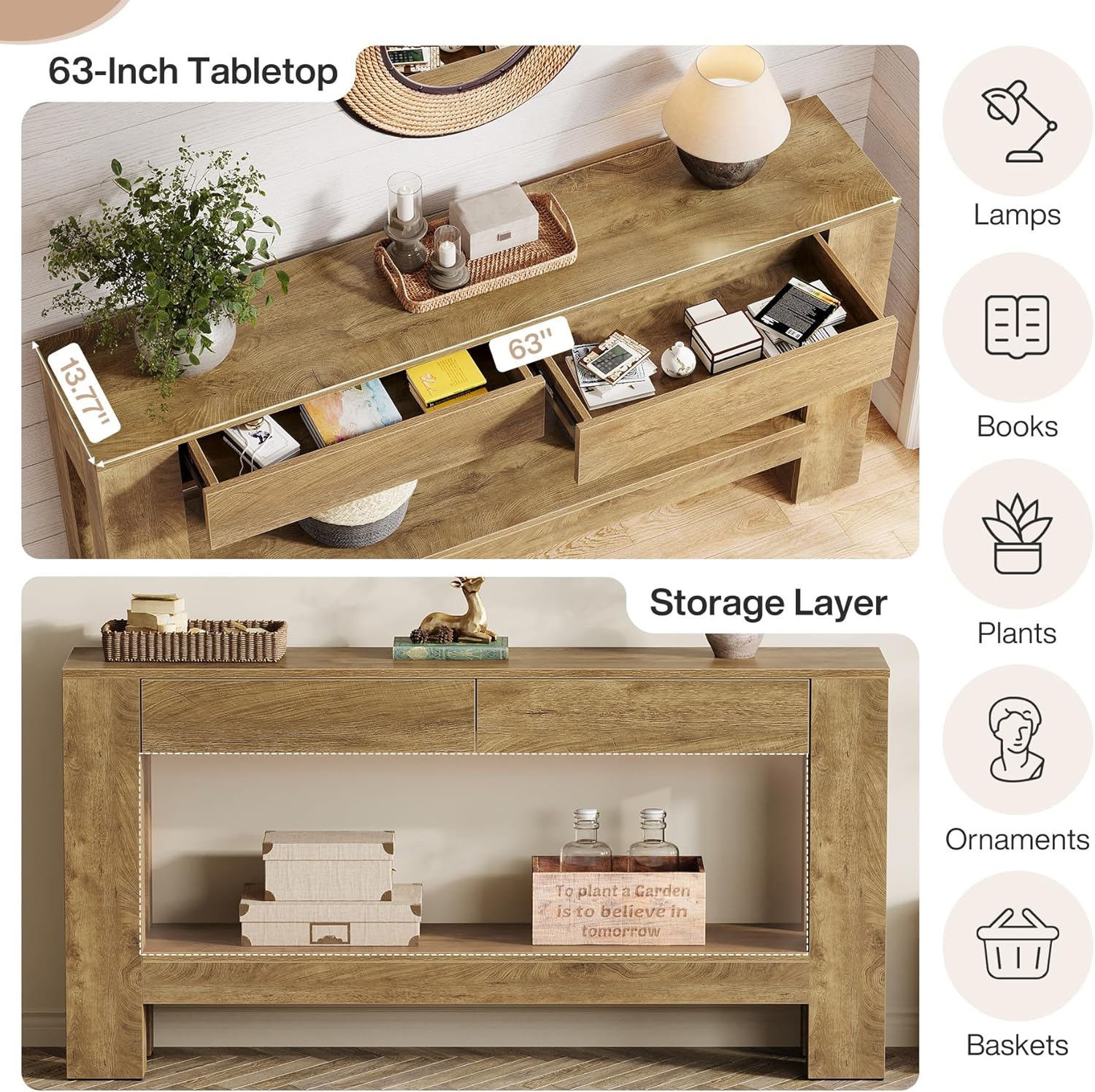 63" Console Table, Farmhouse Wooden Sofa Entryway Table with 2 Drawers