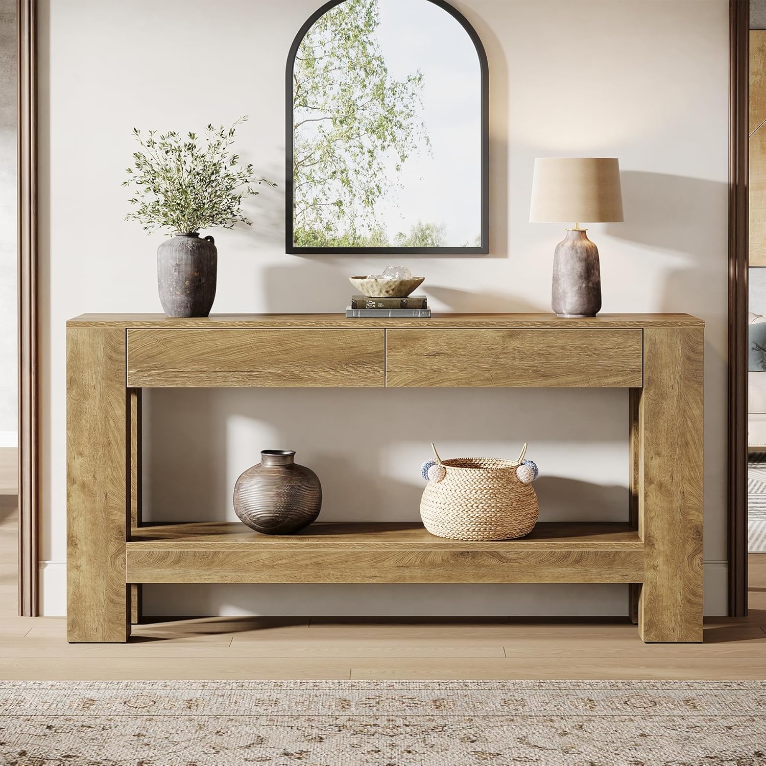 63" Console Table, Farmhouse Wooden Sofa Entryway Table with 2 Drawers