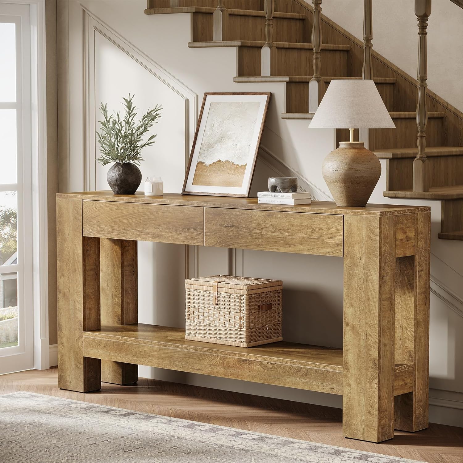 63" Console Table, Farmhouse Wooden Sofa Entryway Table with 2 Drawers