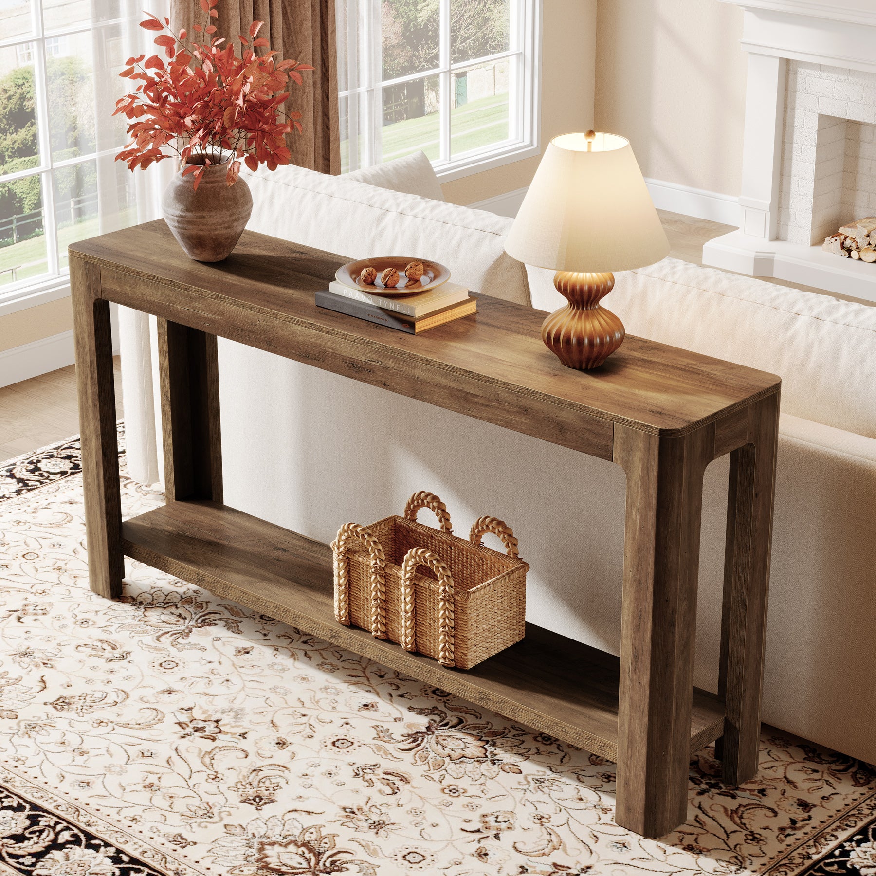 63" Console Table, Narrow 2-Tier Sofa Table Accent Entrance Console