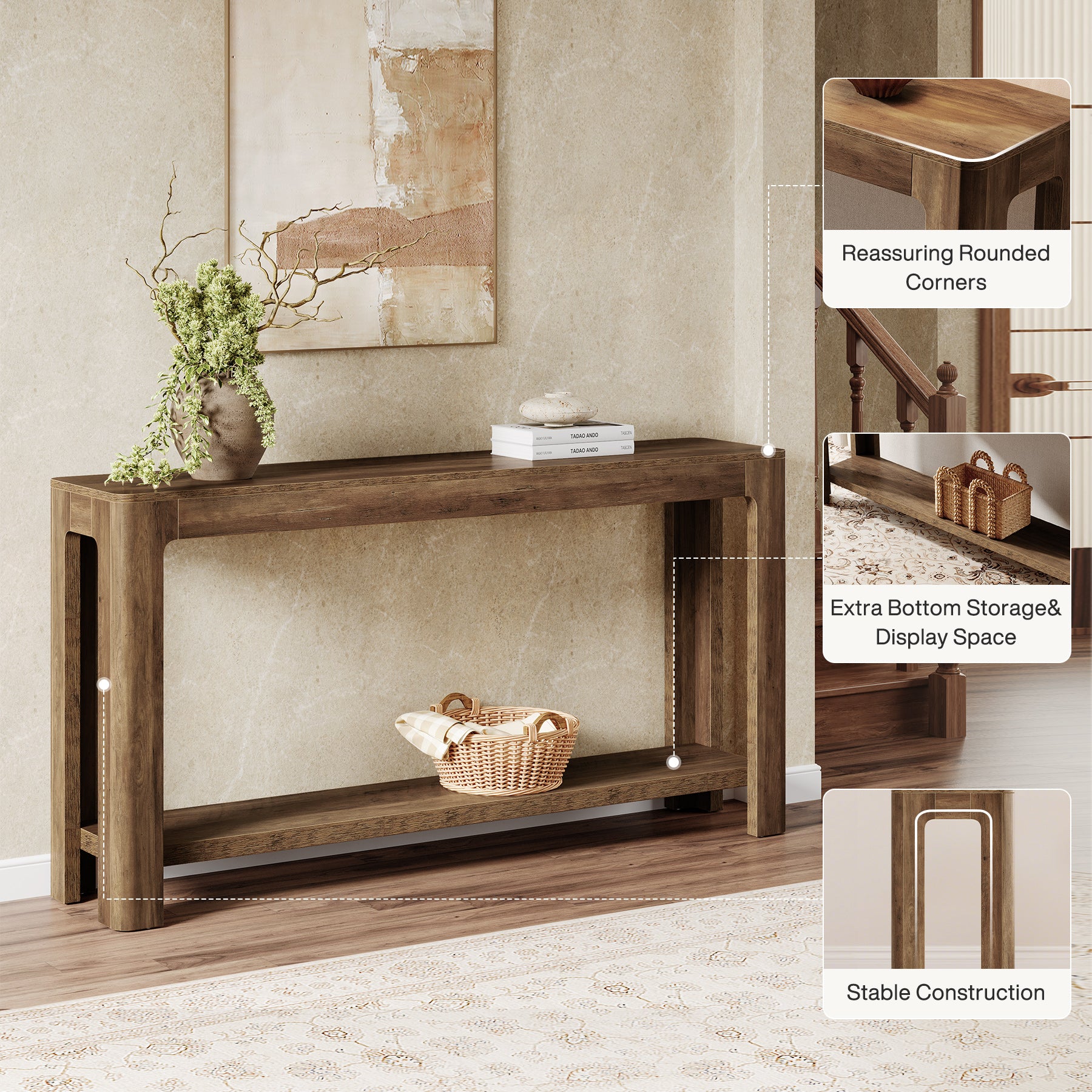 63" Console Table, Narrow 2-Tier Sofa Table Accent Entrance Console