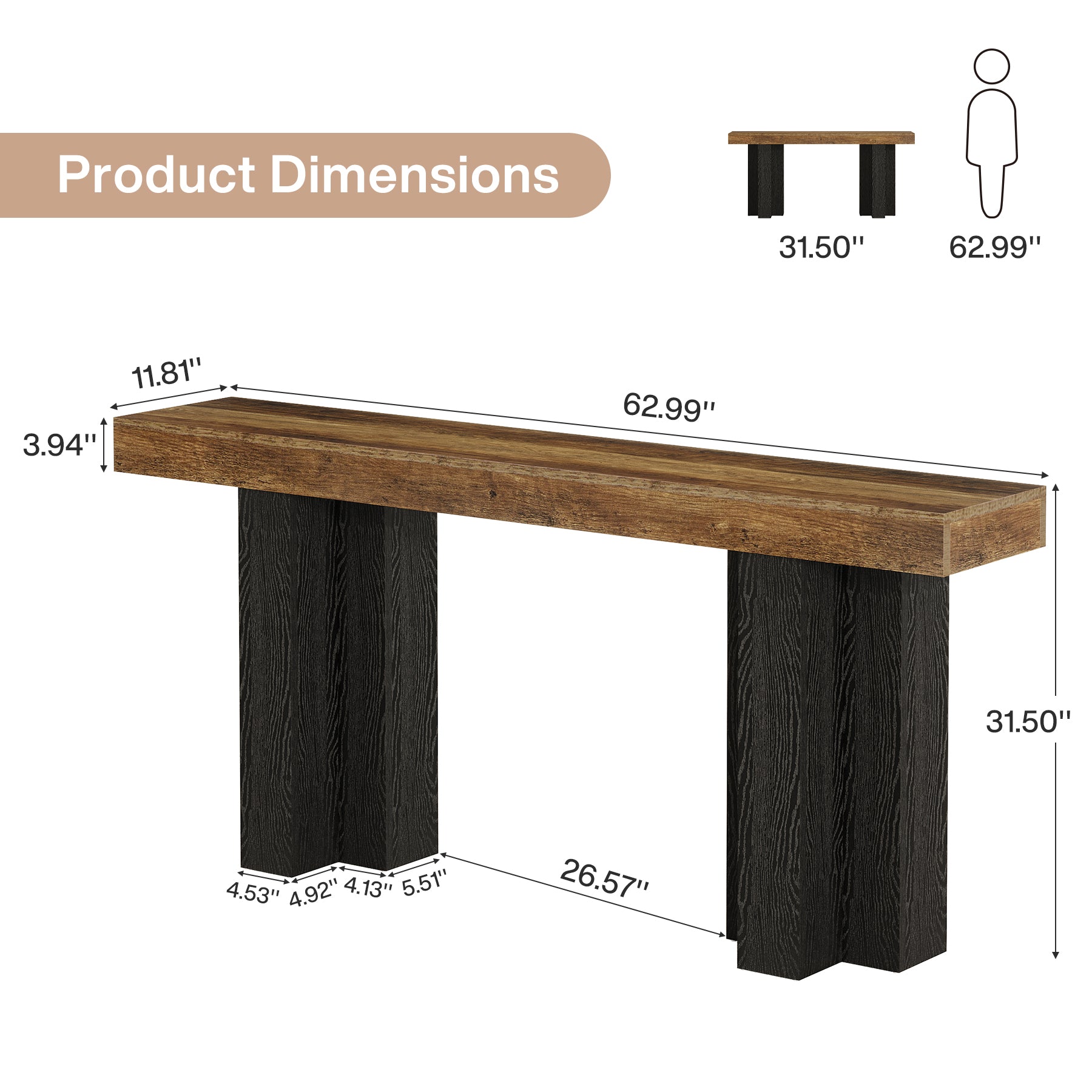 63" Console Table, Narrow Sofa Console Entryway Table with Sturdy Legs