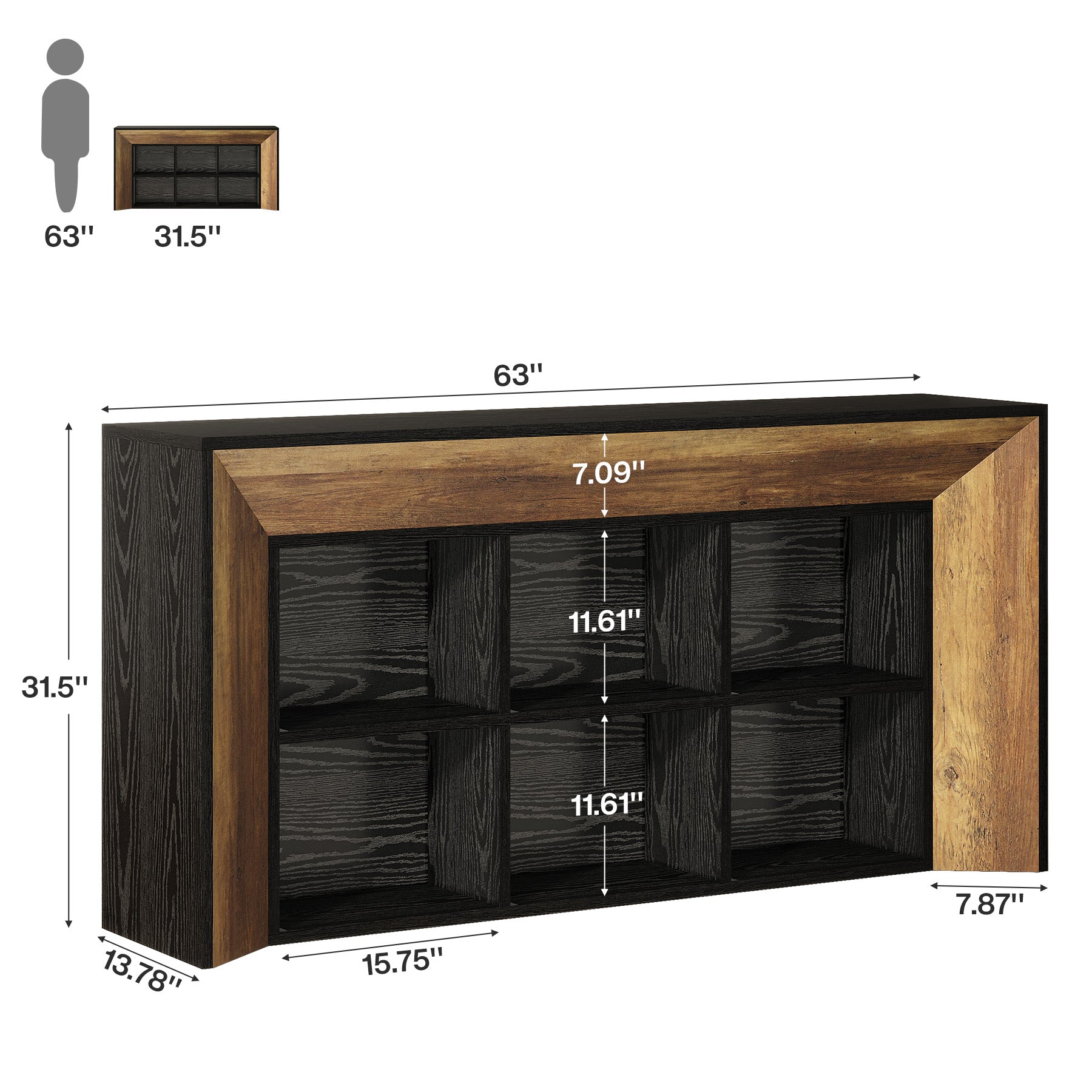 63" Console Table, Rustic Entryway Sofa Table with 6 Storage Cubes