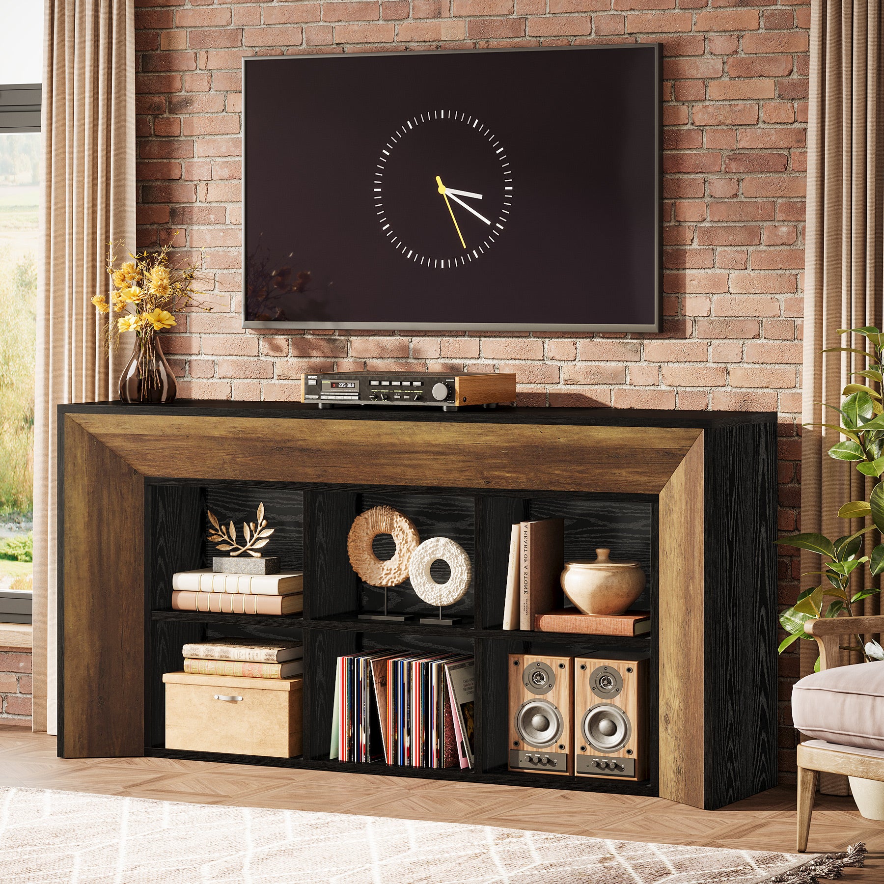 63" Console Table, Rustic Entryway Sofa Table with 6 Storage Cubes