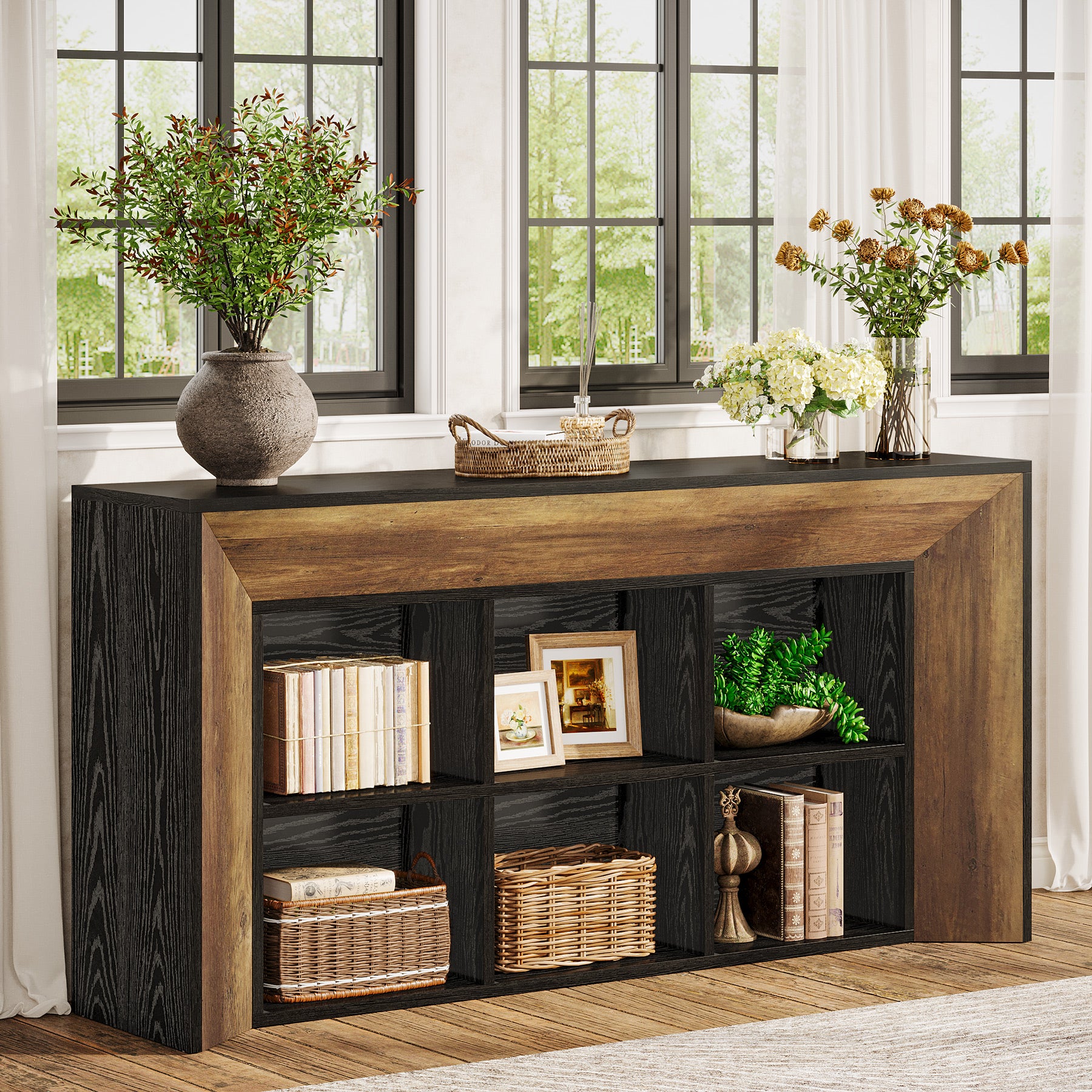 63" Console Table, Rustic Entryway Sofa Table with 6 Storage Cubes
