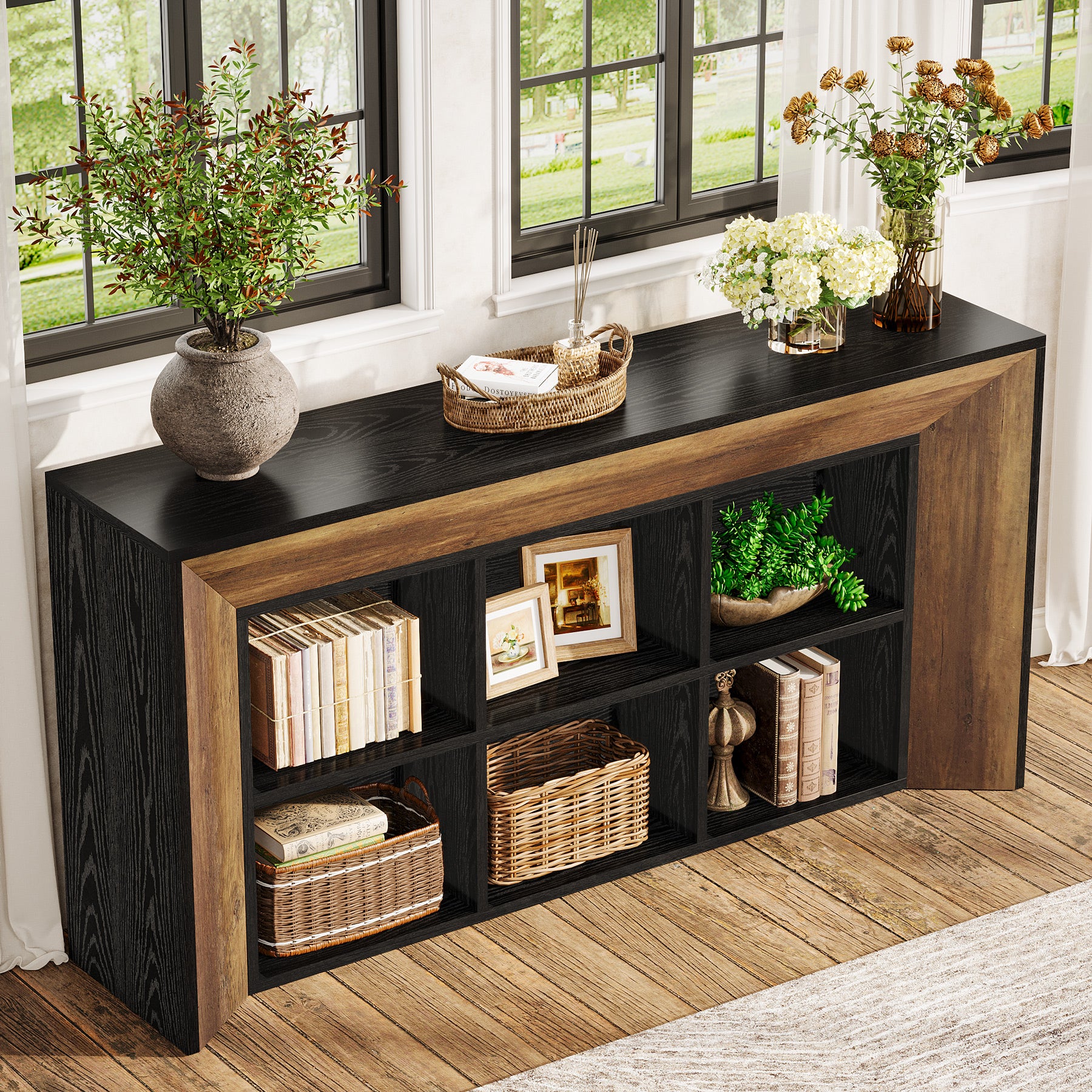 63" Console Table, Rustic Entryway Sofa Table with 6 Storage Cubes