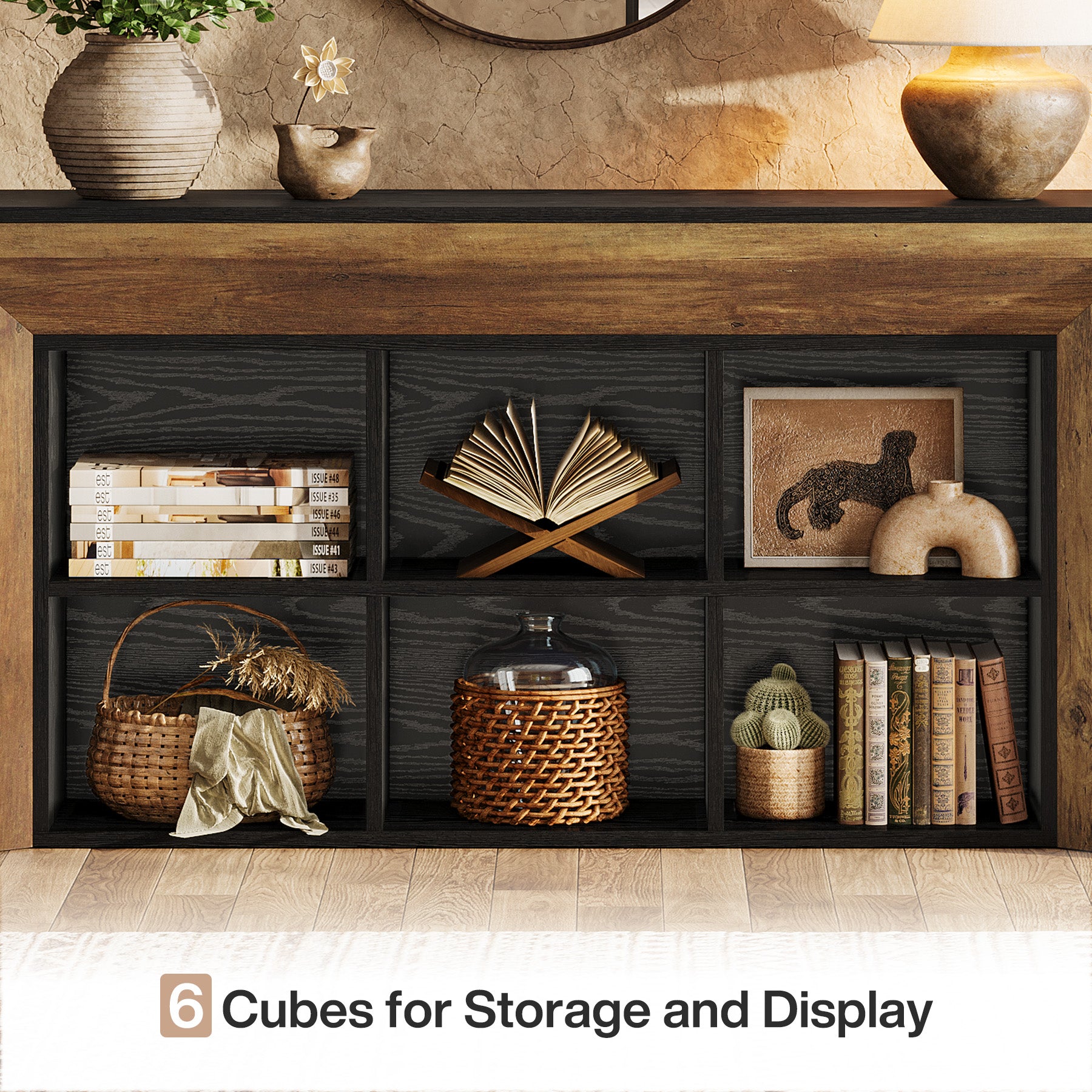 63" Console Table, Rustic Entryway Sofa Table with 6 Storage Cubes
