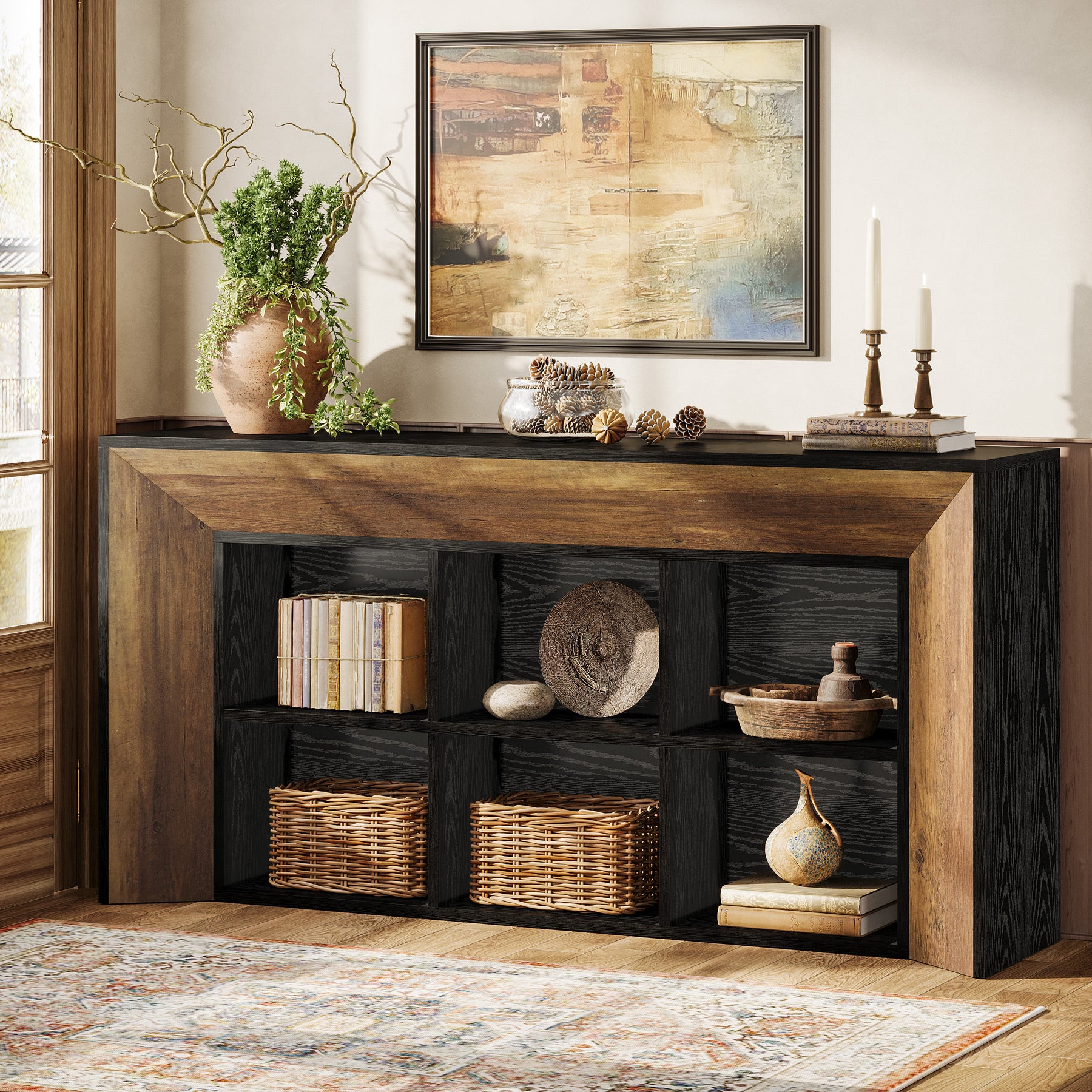 63" Console Table, Rustic Entryway Sofa Table with 6 Storage Cubes
