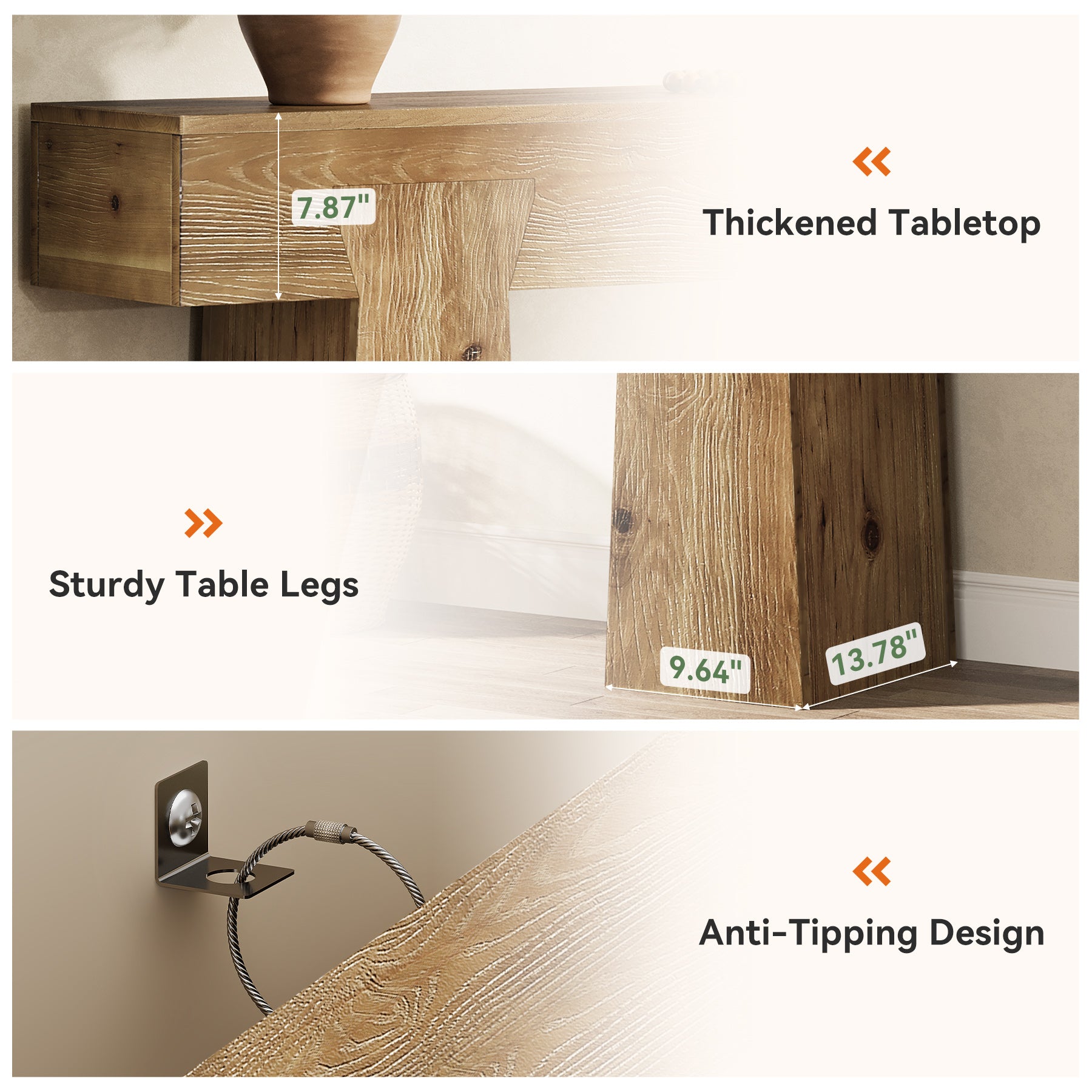 63" Console Table, Solid Wood Entryway Table with Heavy-Duty Frame for Living Room