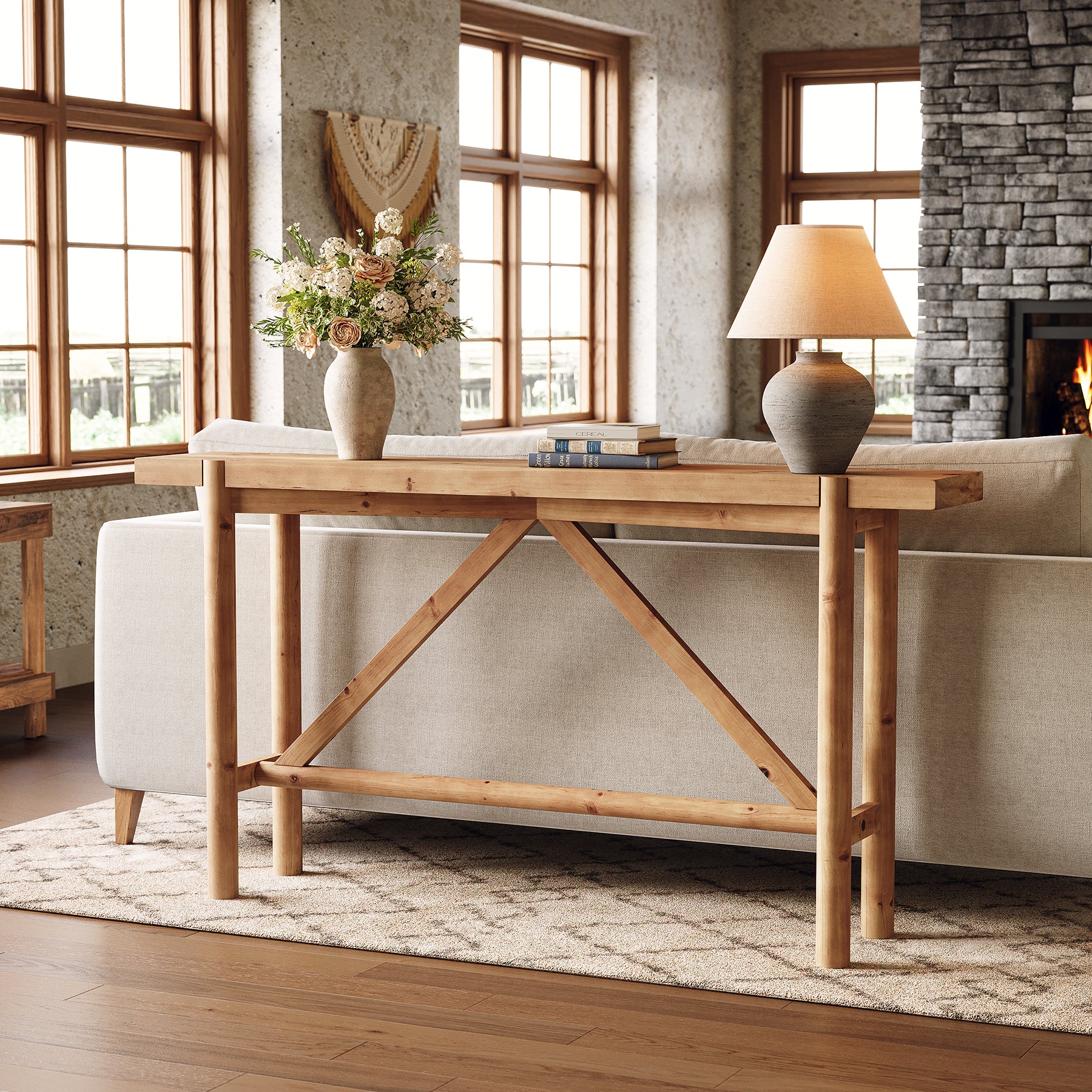 63" Console Table, Solid Wood Farmhouse Sofa Table Hallway Table