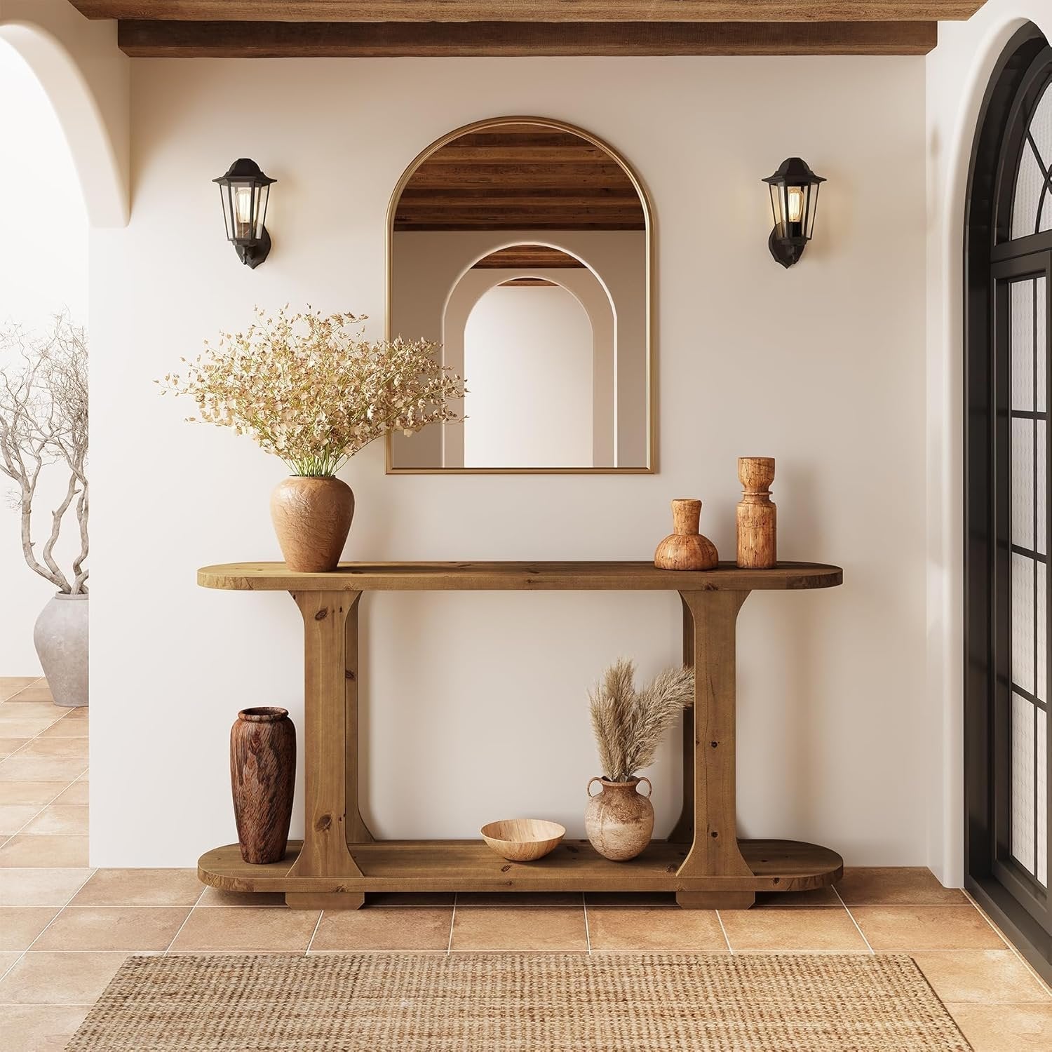 63" Console Table, Solid Wood Oval Curved Sofa Table with 2-Tier Shelf