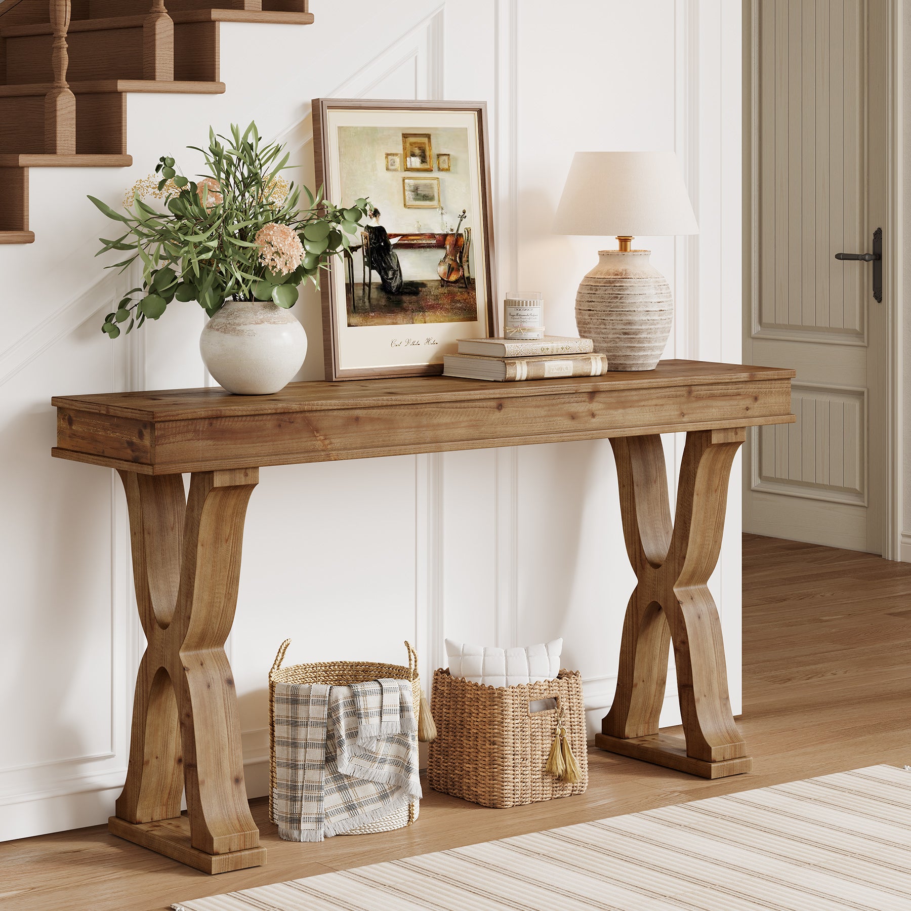63" Console Table, Solid Wood Sofa Console Entryway Table with X-Shaped Legs