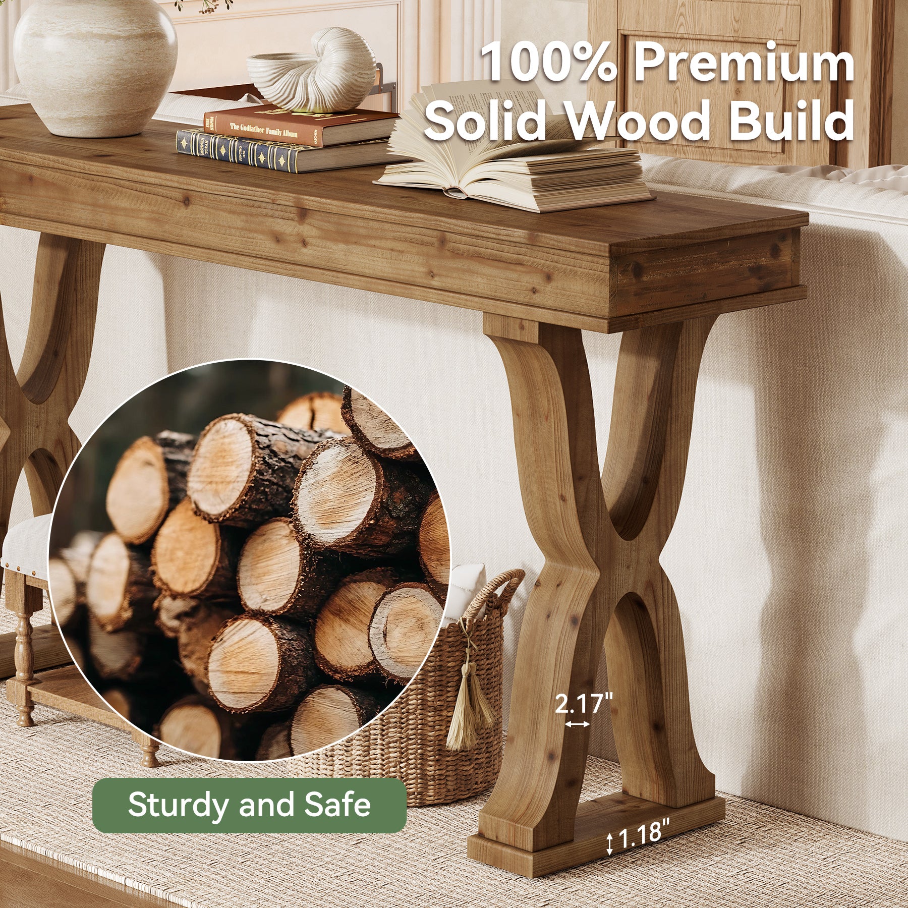 63" Console Table, Solid Wood Sofa Console Entryway Table with X-Shaped Legs